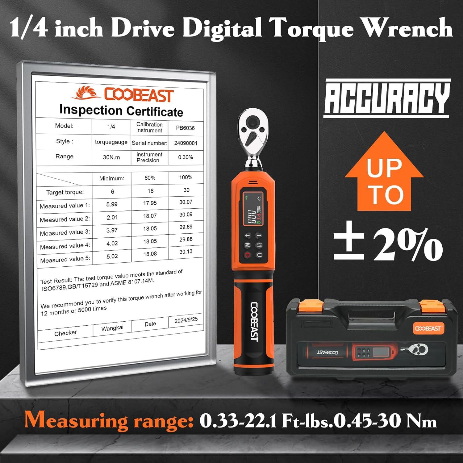 Llave de Torque Digital 1/4" Coobeast 0.45-30Nm con Pantalla LCD
