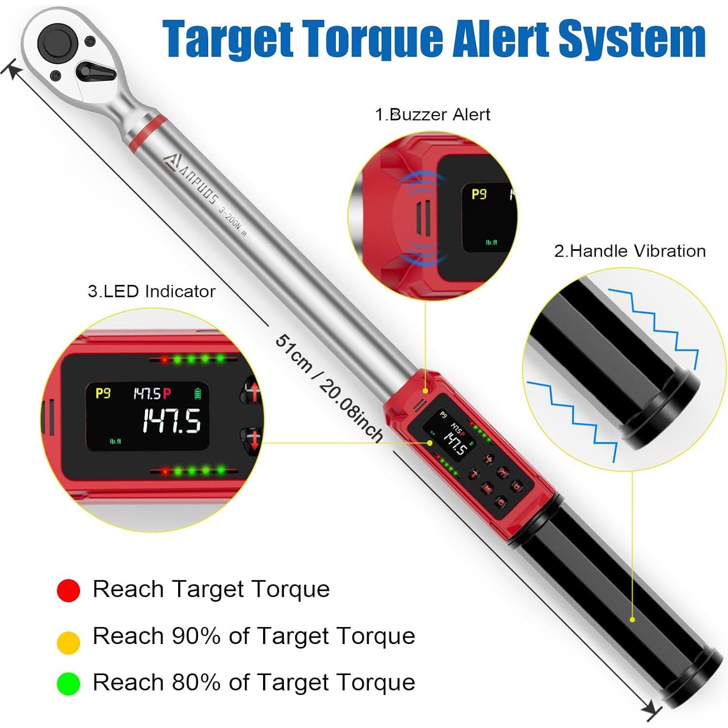 Llave de Torque Digital ANPUDS 1/2 Pulgada 3-200Nm Precisión 1%