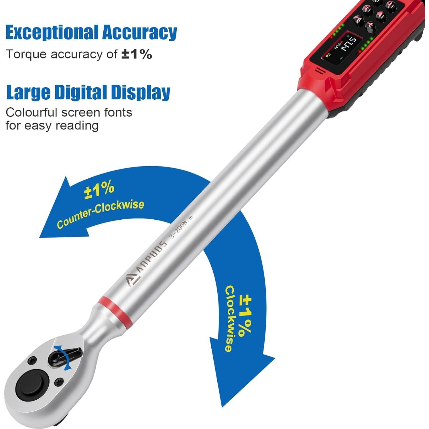Llave de Torque Digital ANPUDS 1/2 Pulgada 3-200Nm Precisión 1%