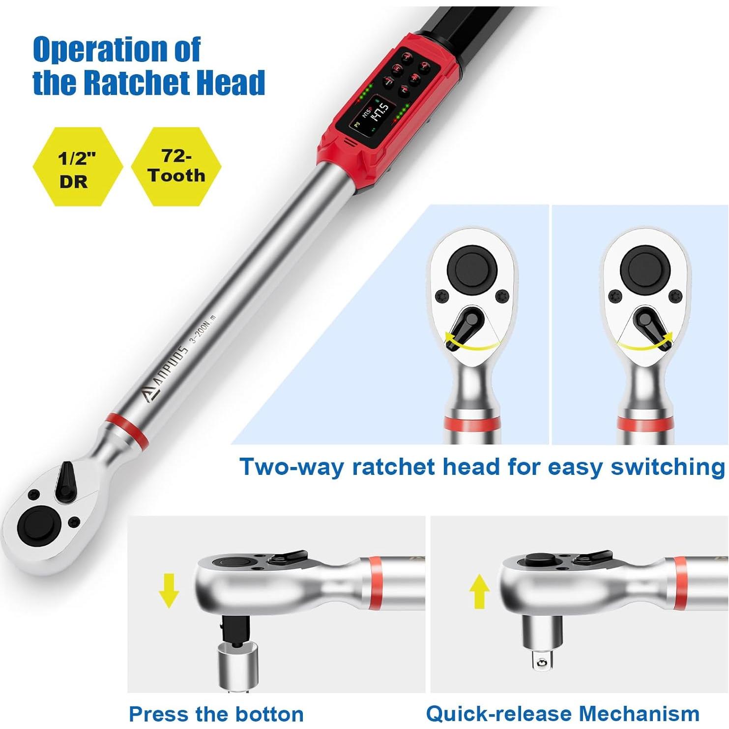 Llave de Torque Digital ANPUDS 1/2 Pulgada 3-200Nm Precisión 1%