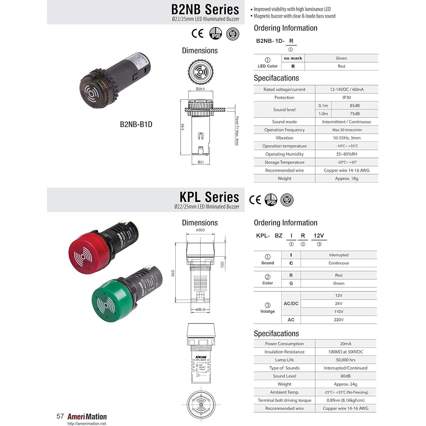Zumbador KACON 220V 22mm LED Rojo 80dB Sonido Intermitente