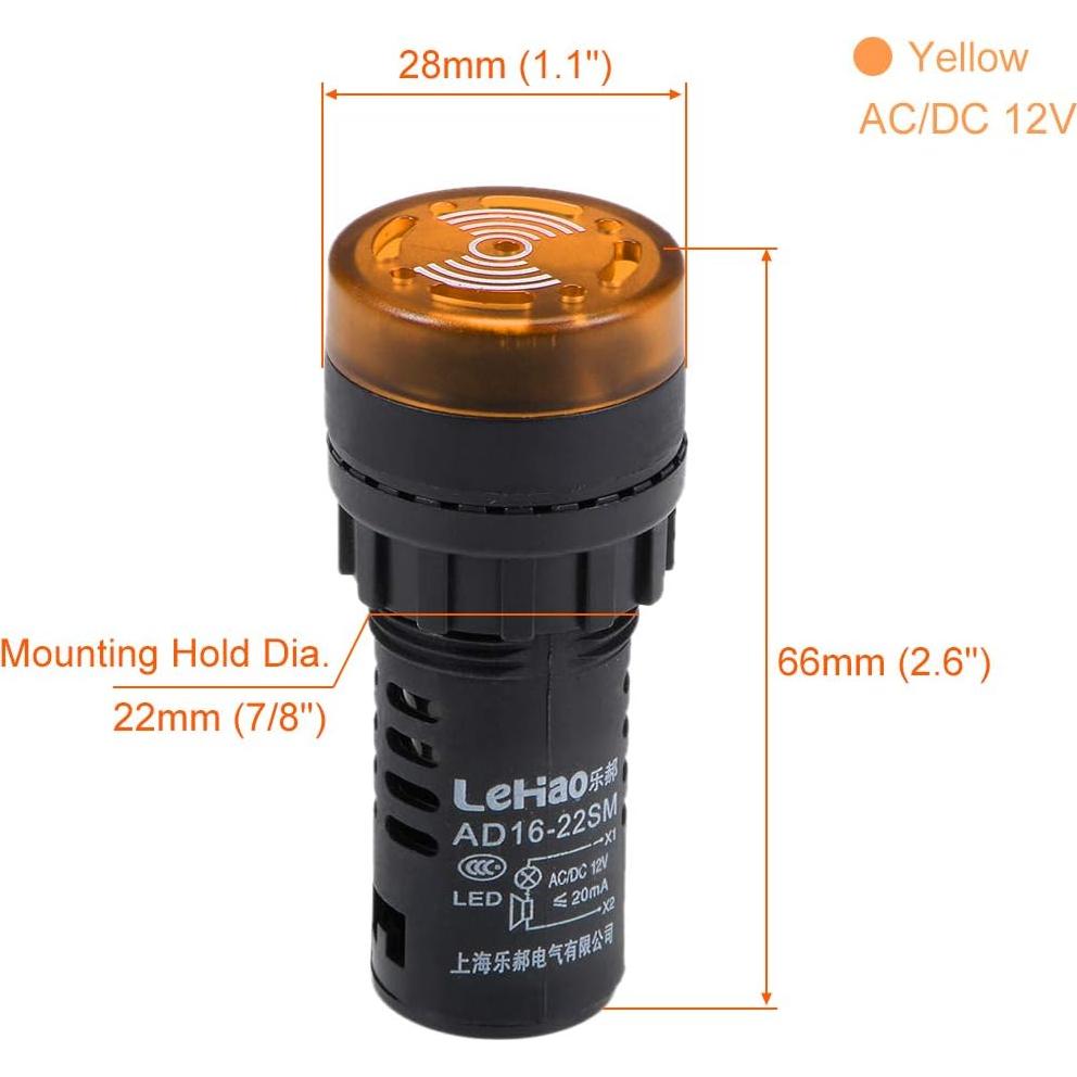 Luces Indicadoras LED Amarillas con Buzzer uxcell 12V 22mm