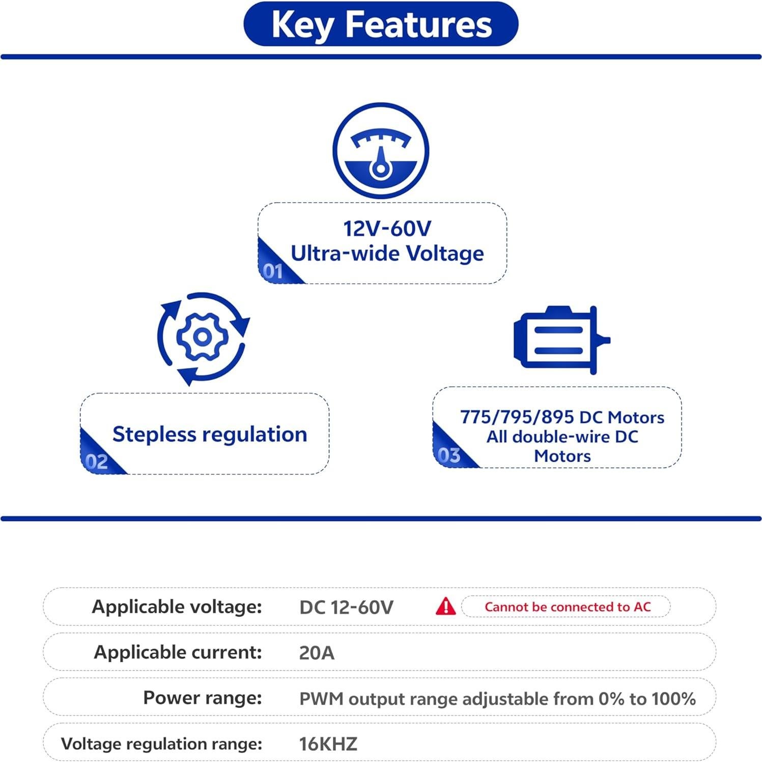 Controlador de Velocidad PWM Matell DC 12-60V 20A Adelante/Reversa