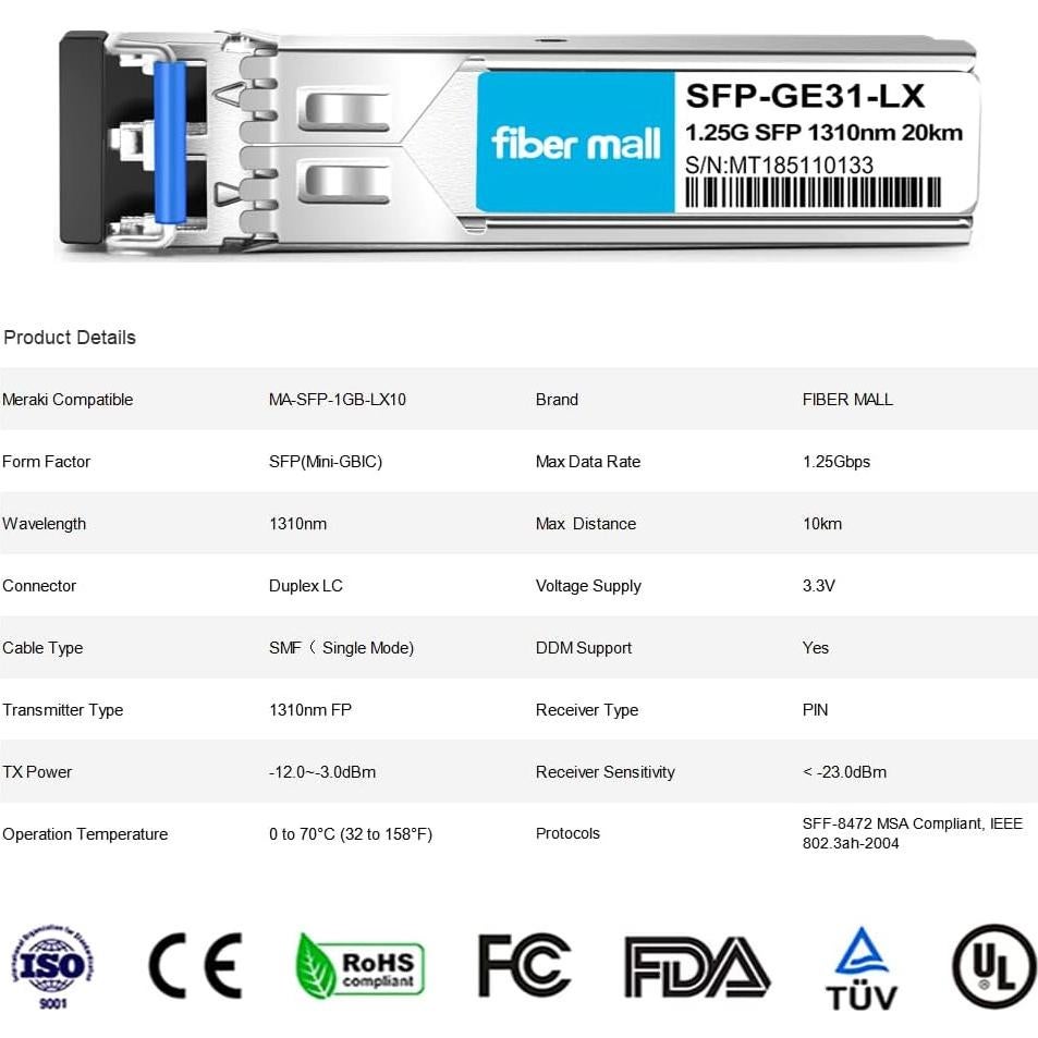 Módulo Transceptor SFP 1G Fiber Mall MA-SFP-1GB-LX10 20km