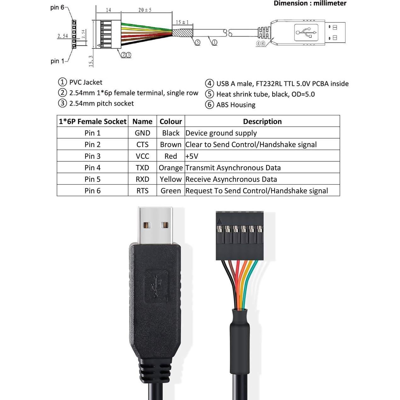 Cable Adaptador USB a TTL DTech 1.83m 5V 6 Pines FT232RL