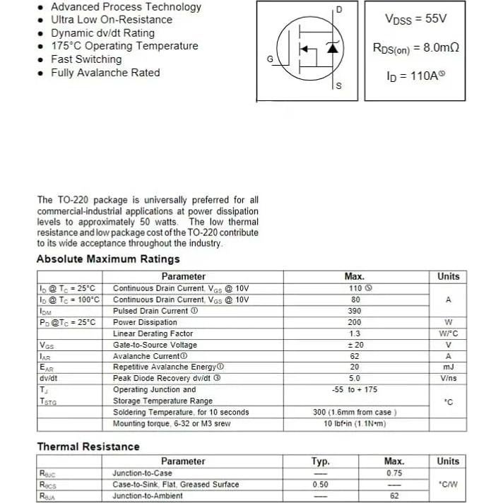 10 Transistores MOSFET N-Canal IRF3205 TO-220 55V 110A