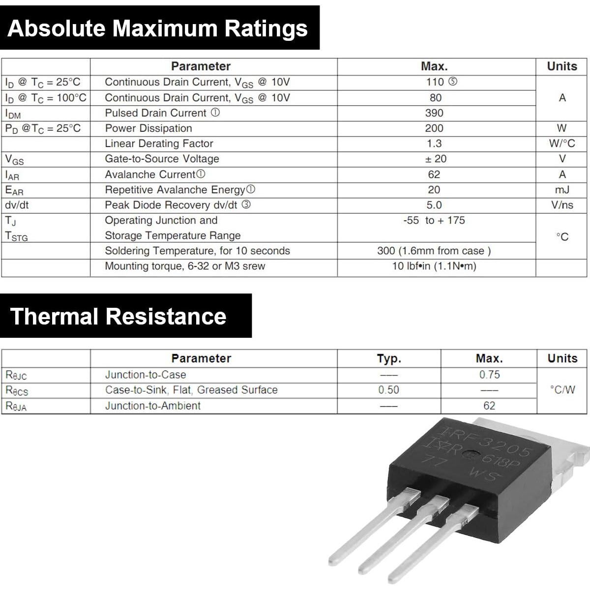 Transistor MOSFET IRF3205 N-Canal 55V 110A con Kit 20 pcs