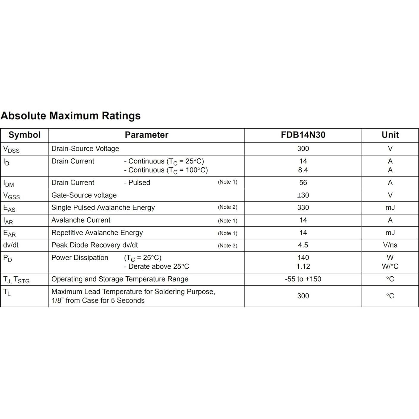 Transistor MOSFET N-Channel FDB14N30TM 300V 14A - 5 Pcs