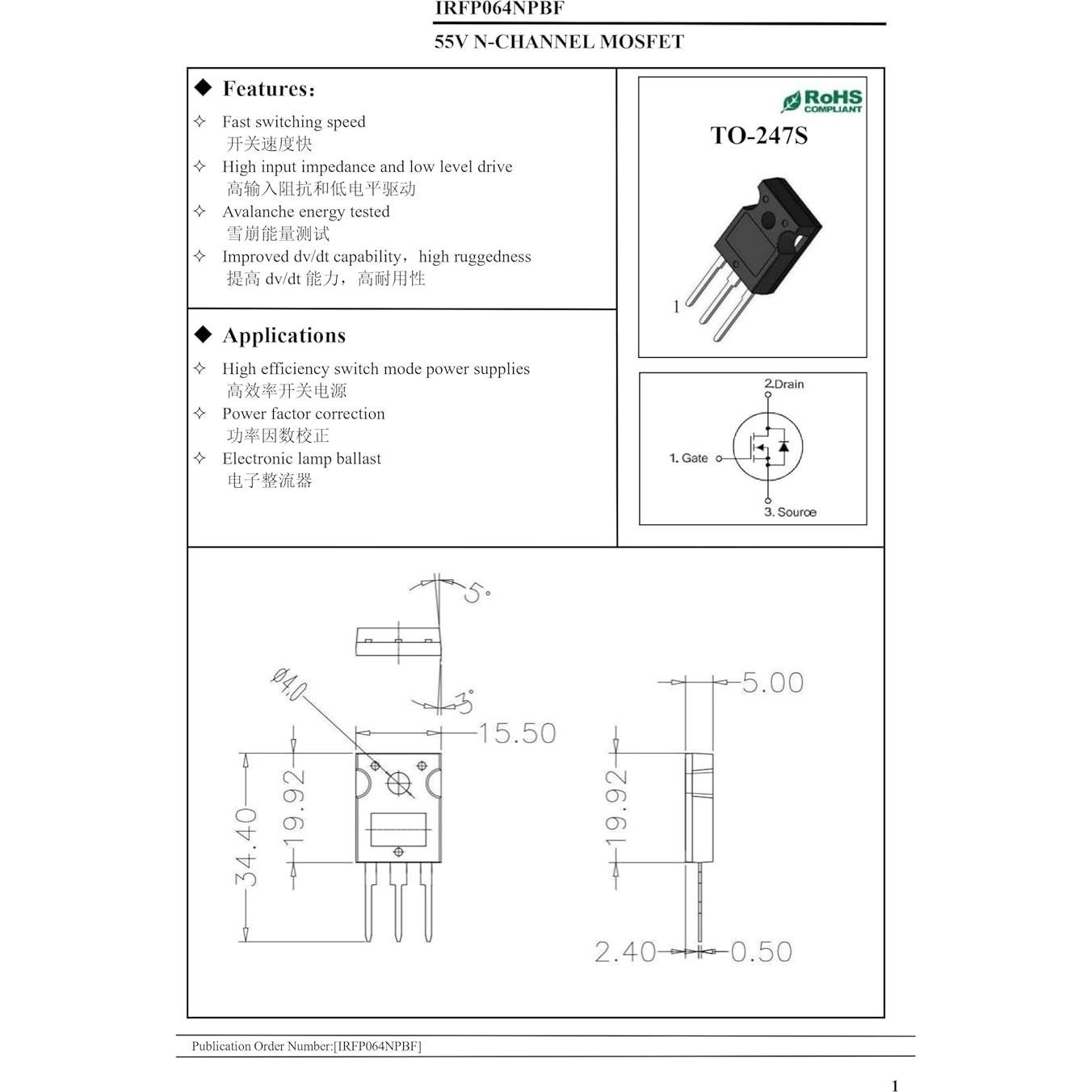5 Piezas Transistor MOSFET N-Canal IRFP064N 55V 110A TO-247AC