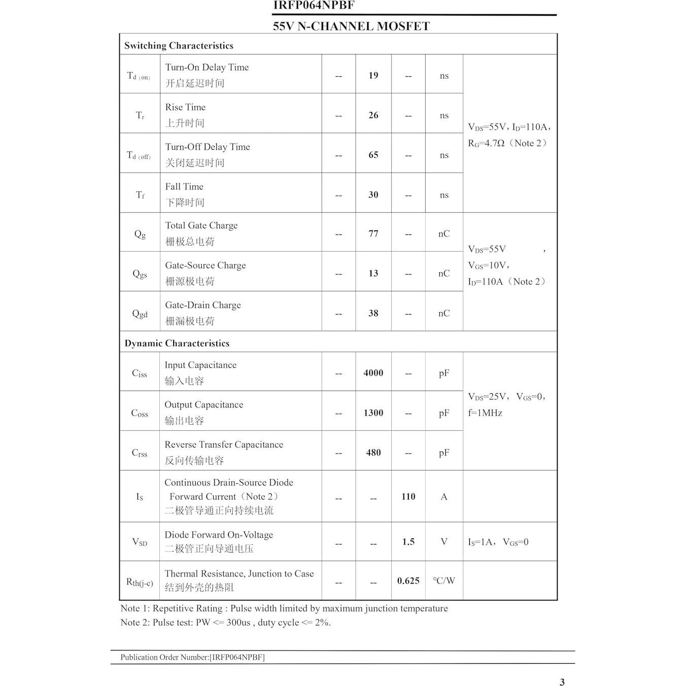 5 Piezas Transistor MOSFET N-Canal IRFP064N 55V 110A TO-247AC