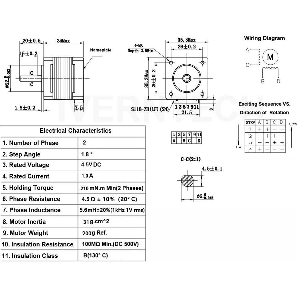 Motor Paso a Paso Nema 14 Iverntech 35mm 1.8° 1A 2 Fases