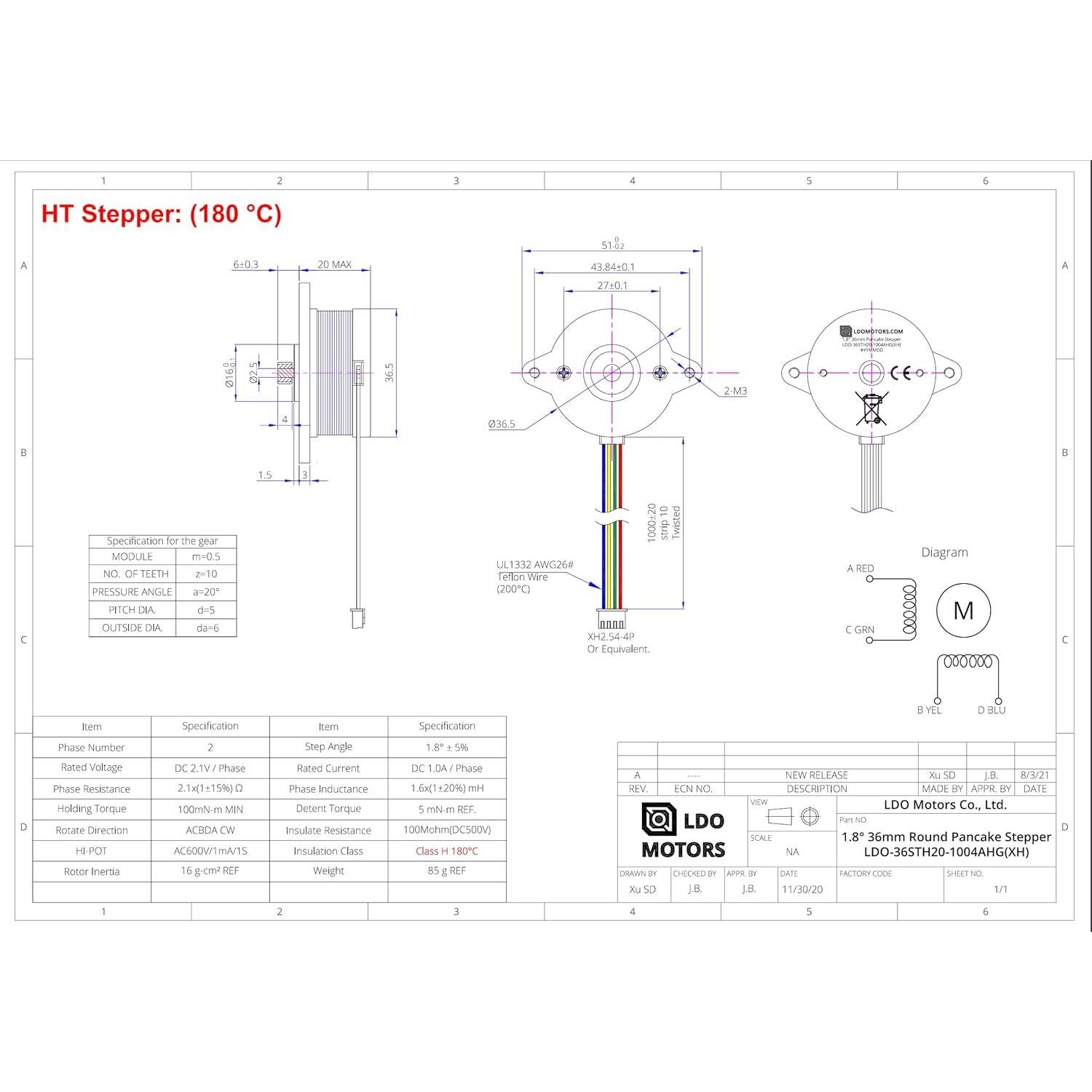 Motor Paso a Paso NEMA 14 LDO 36STH20 20mm 1.8° 1A