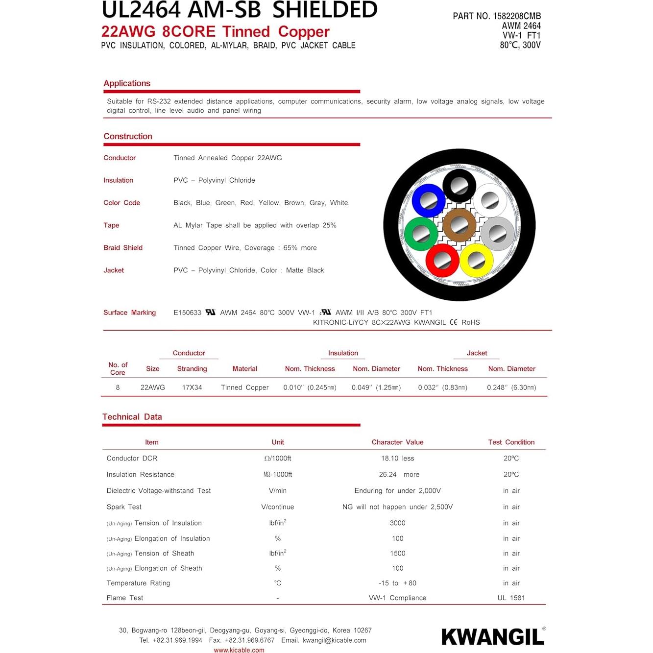 Cable Blindado 22AWG 8C KWANGIL 7.62m PVC Flexible