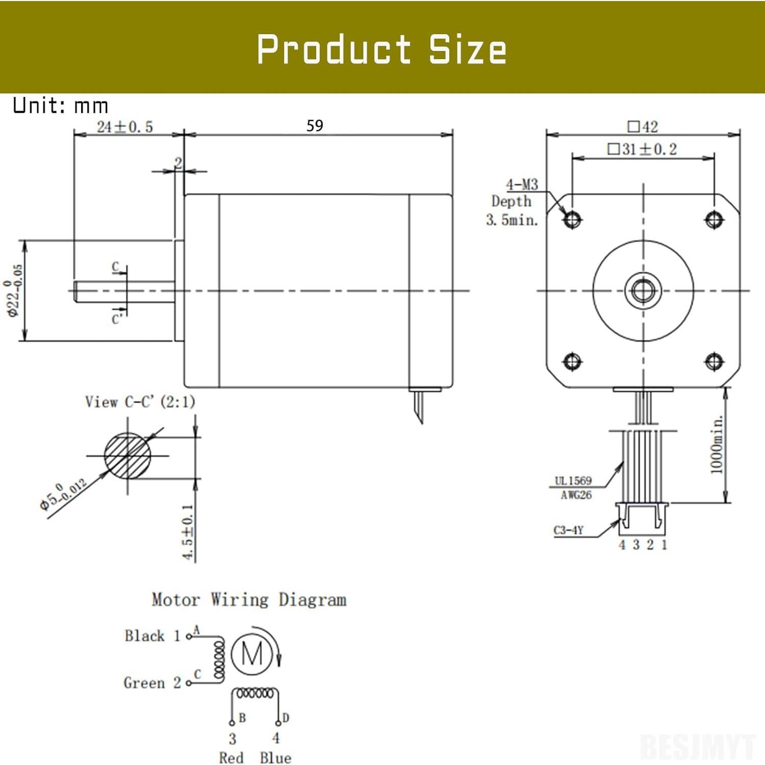 Motor Paso a Paso Nema 17 59mm 760mNm 2.1A para CNC 3D