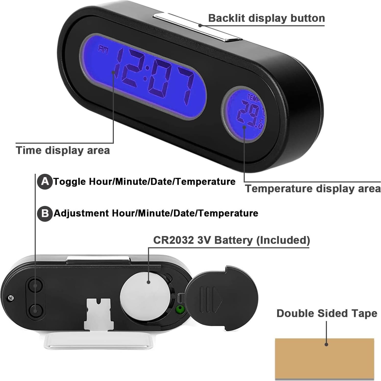 Reloj Digital de Coche FJPTKELLY con Termómetro y Luz Azul