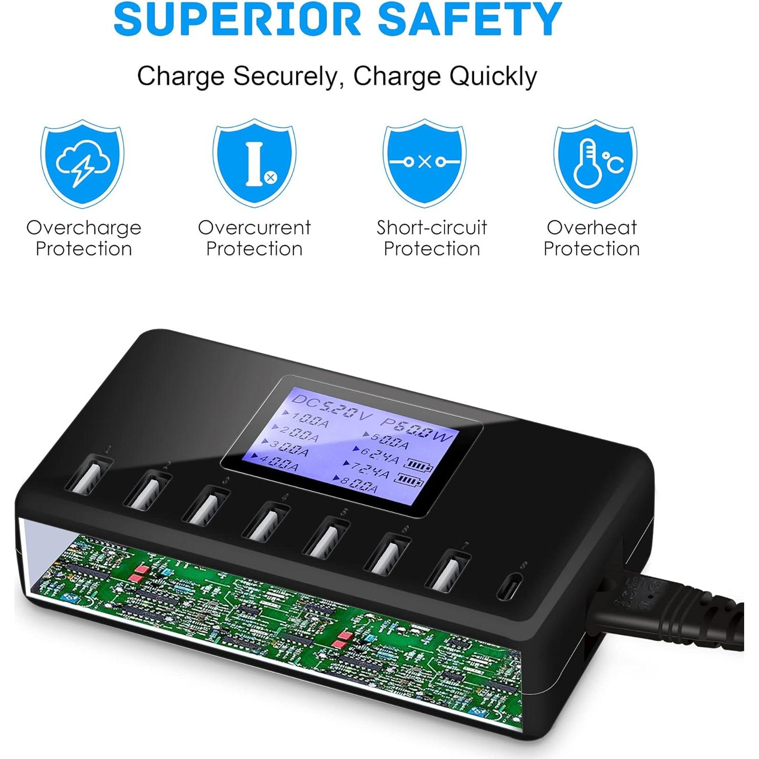 Cargador USB Slitinto 60W 8 Puertos con Pantalla LCD