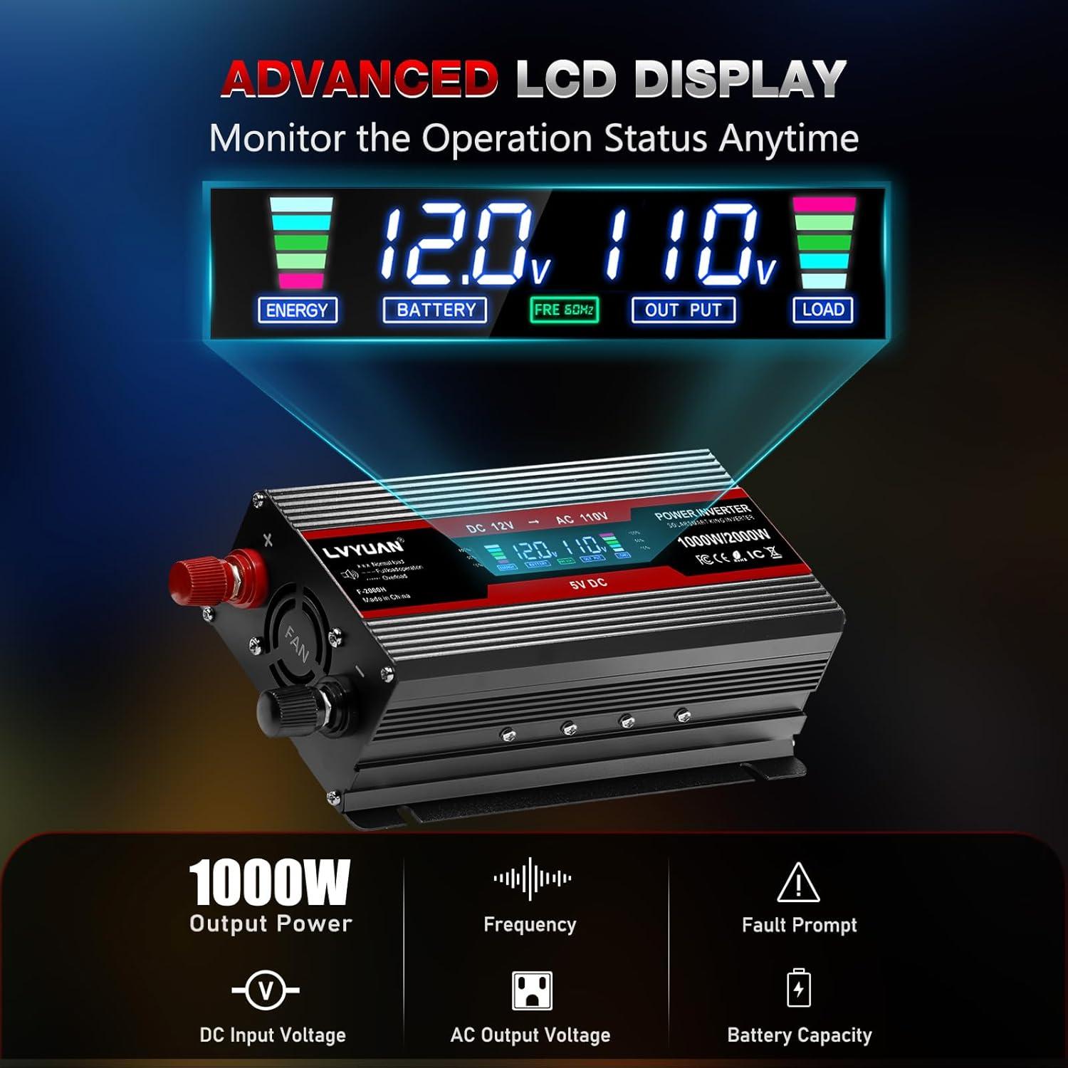 Inversor de Potencia 1000W LVYUAN 12V a 220V con LCD
