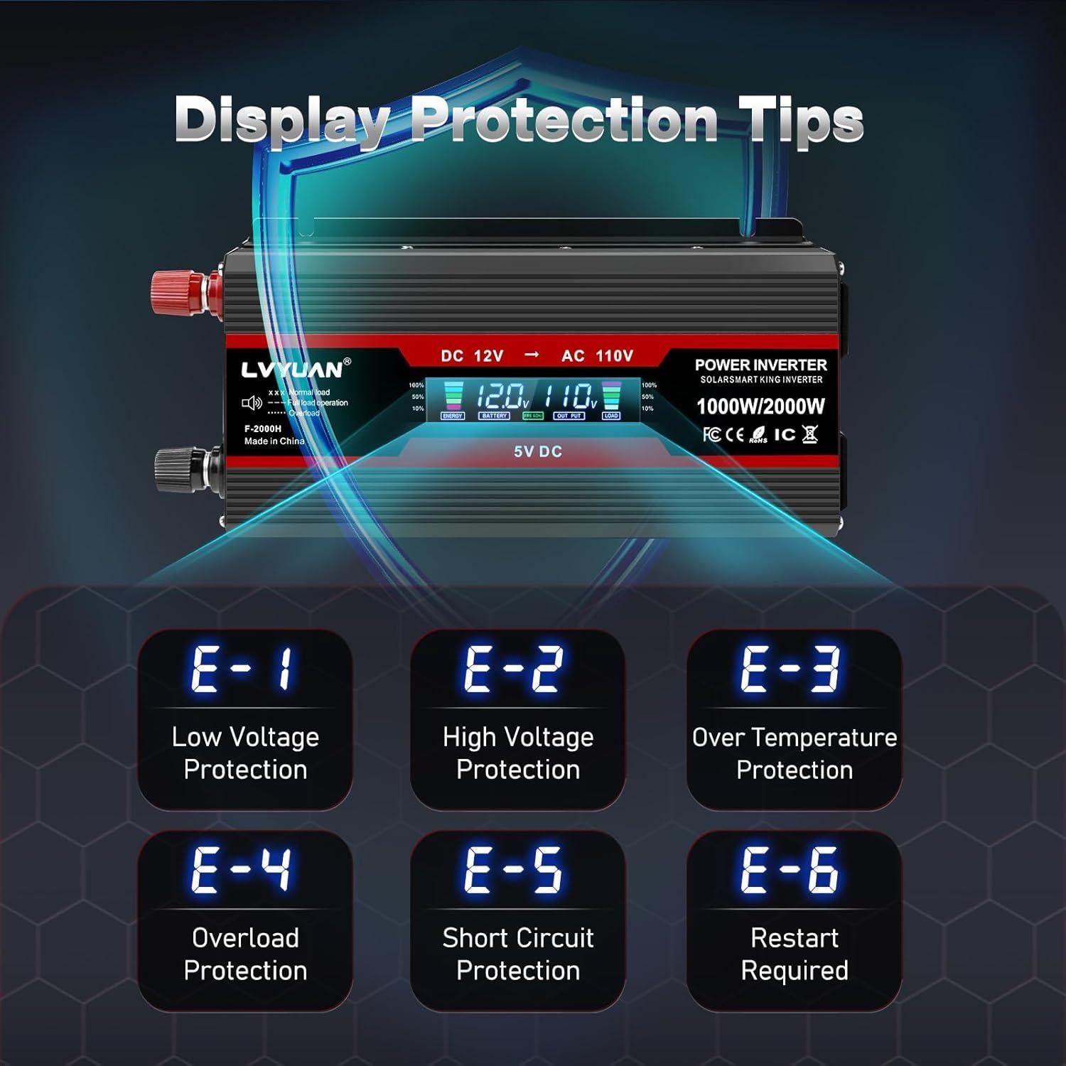 Inversor de Potencia 1000W LVYUAN 12V a 220V con LCD