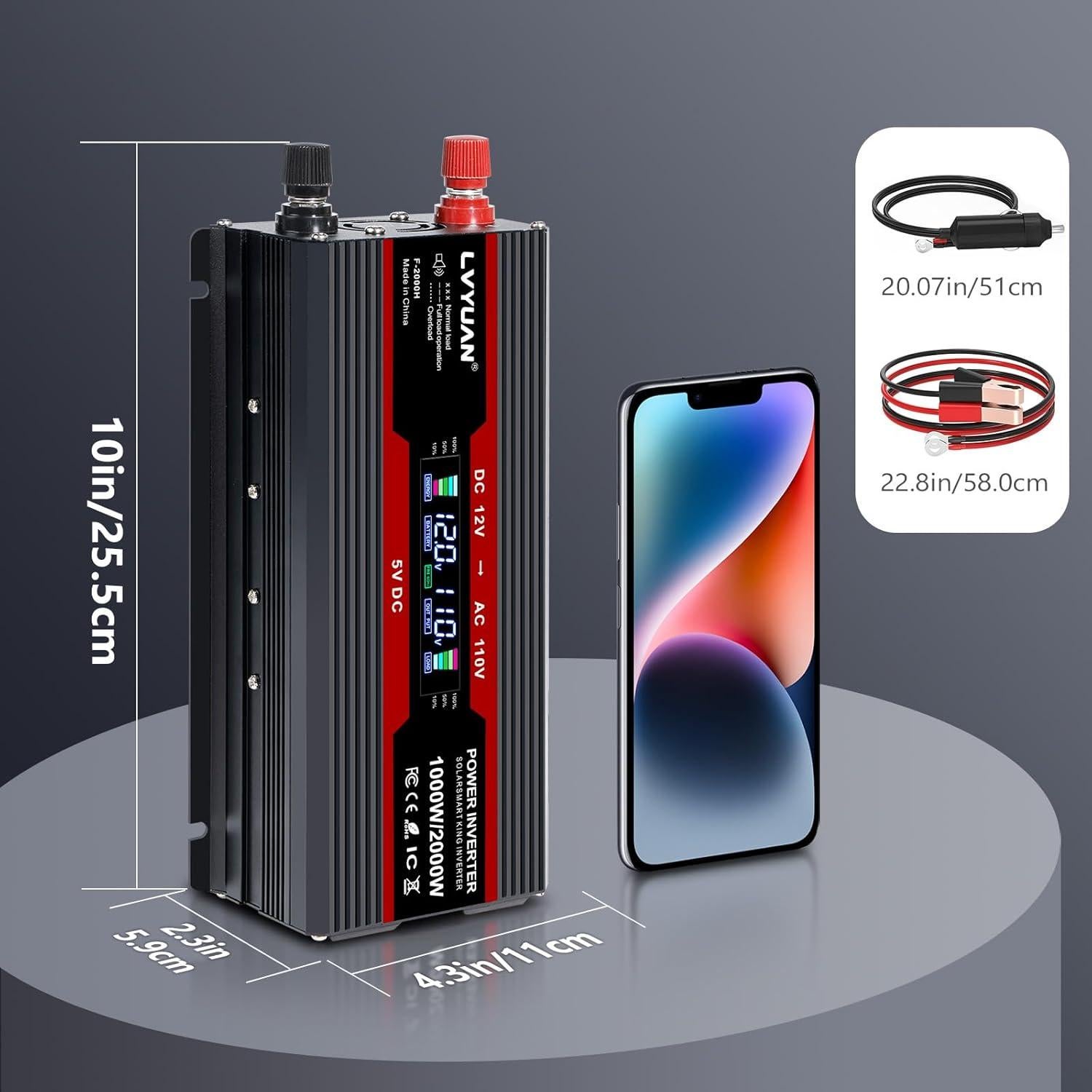 Inversor de Potencia 1000W LVYUAN 12V a 220V con LCD