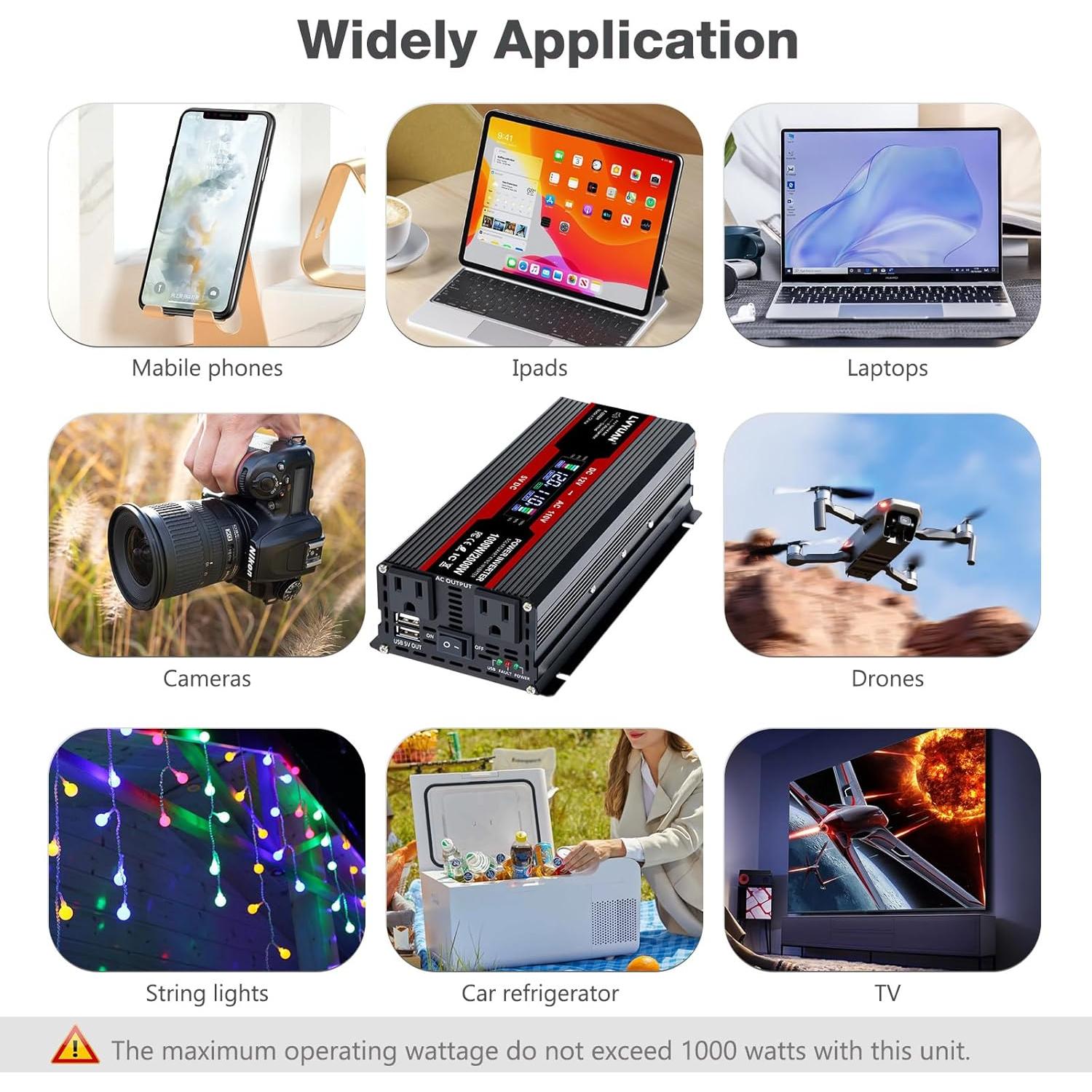 Inversor de Potencia 1000W LVYUAN 12V a 220V con LCD