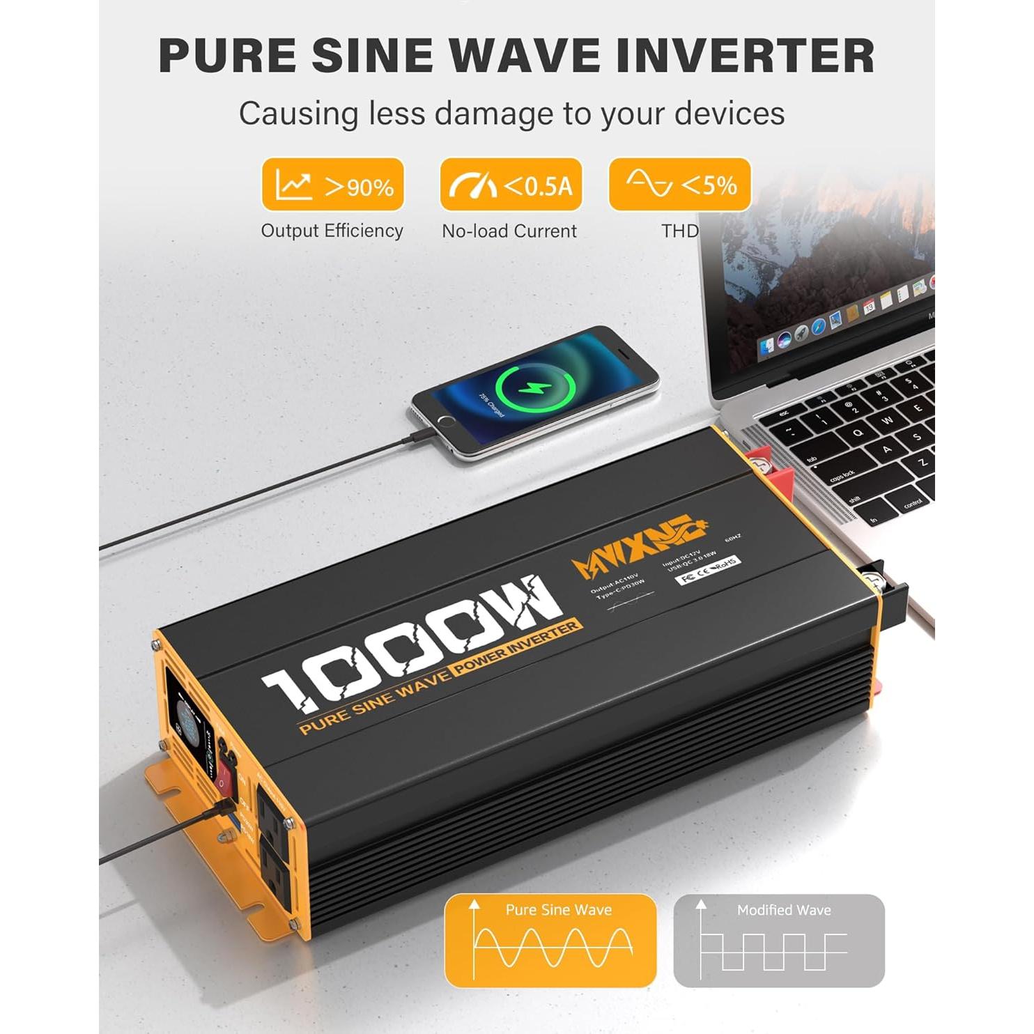 Inversor de Onda Sinusoidal Pura 1000W 12V MWXNE con USB