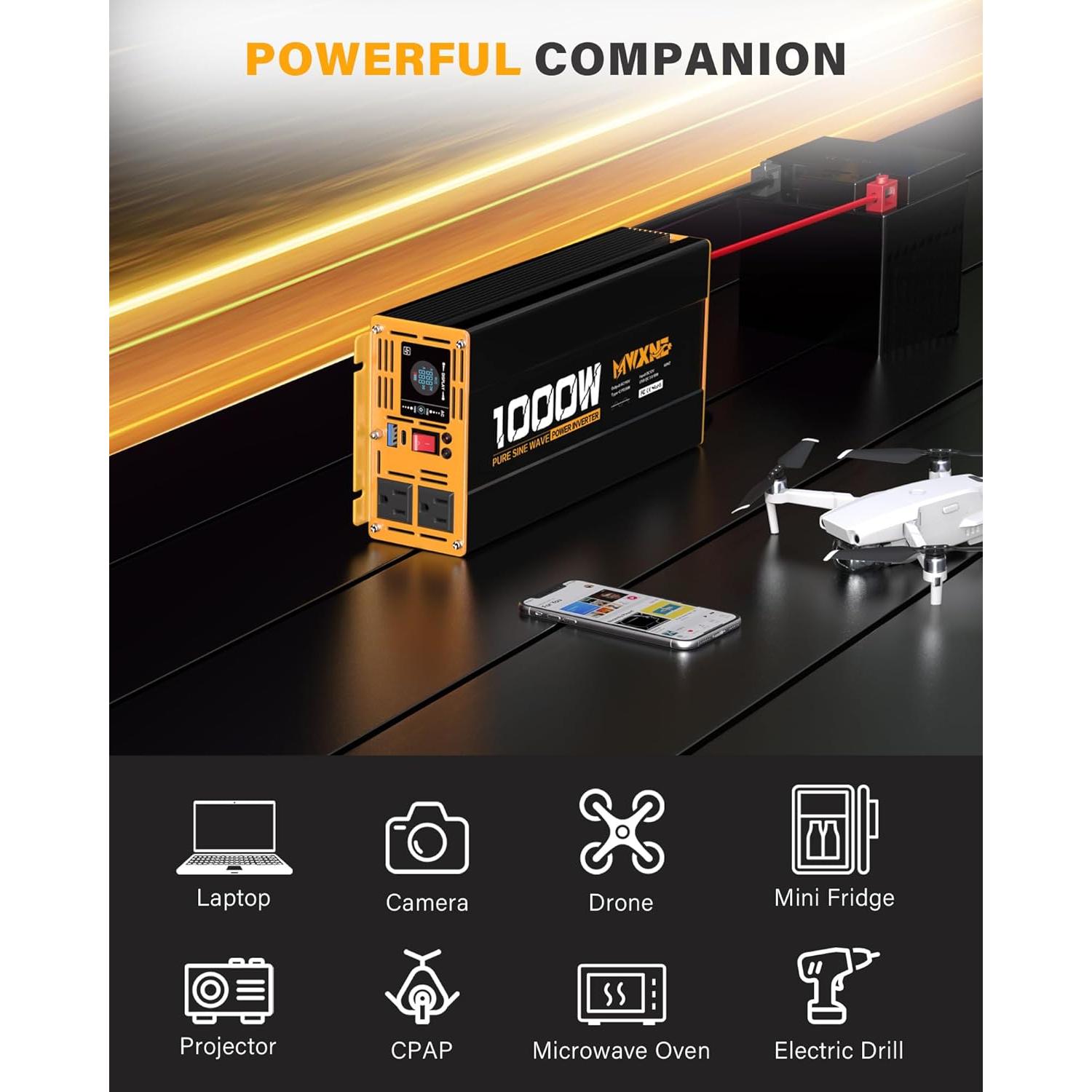 Inversor de Onda Sinusoidal Pura 1000W 12V MWXNE con USB