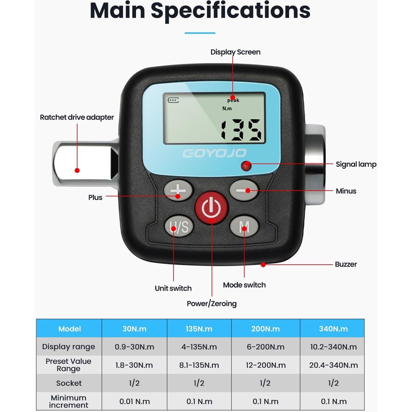 Adaptador de Llave de Torque Digital GOYOJO 0.9-30Nm LCD
