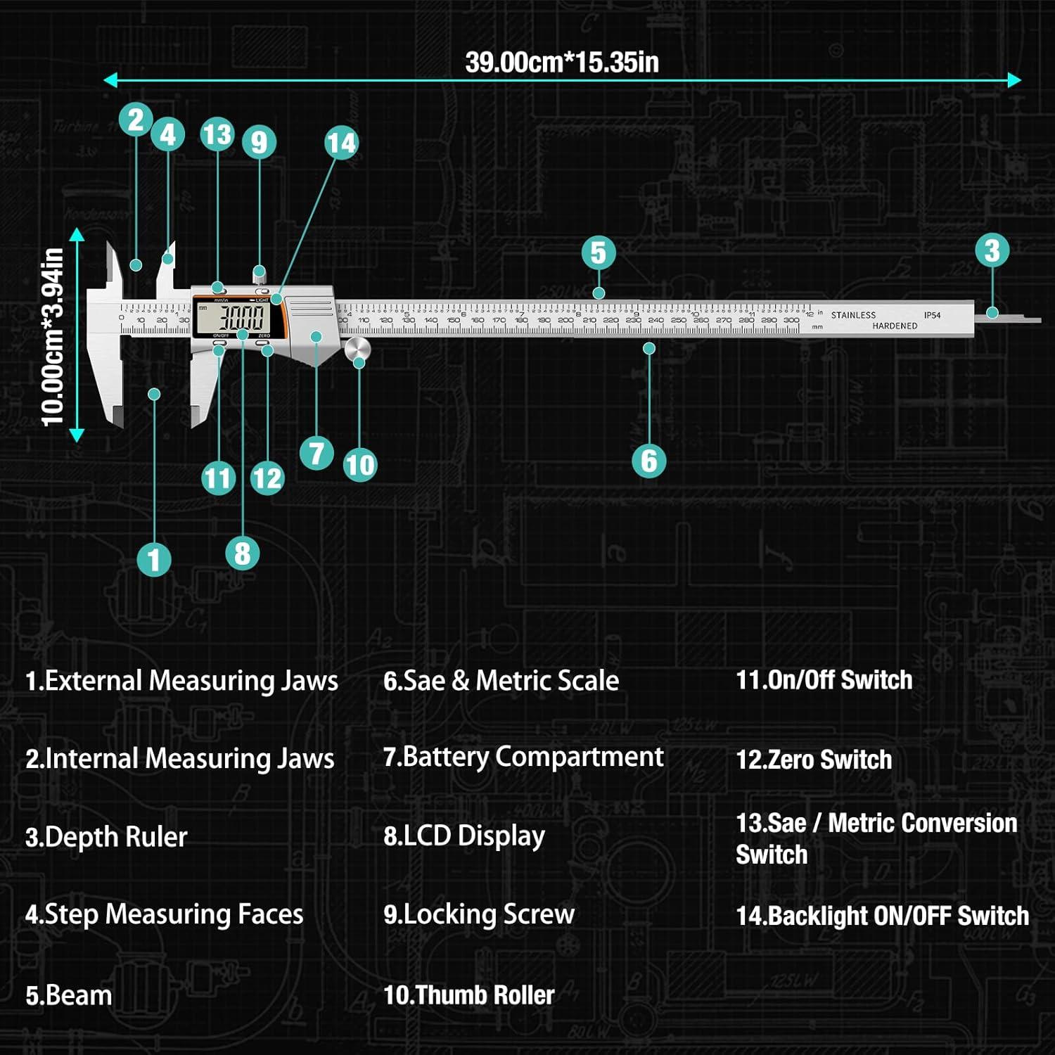 Calibrador Digital 300mm Raynesys Acero Inoxidable Pantalla LCD