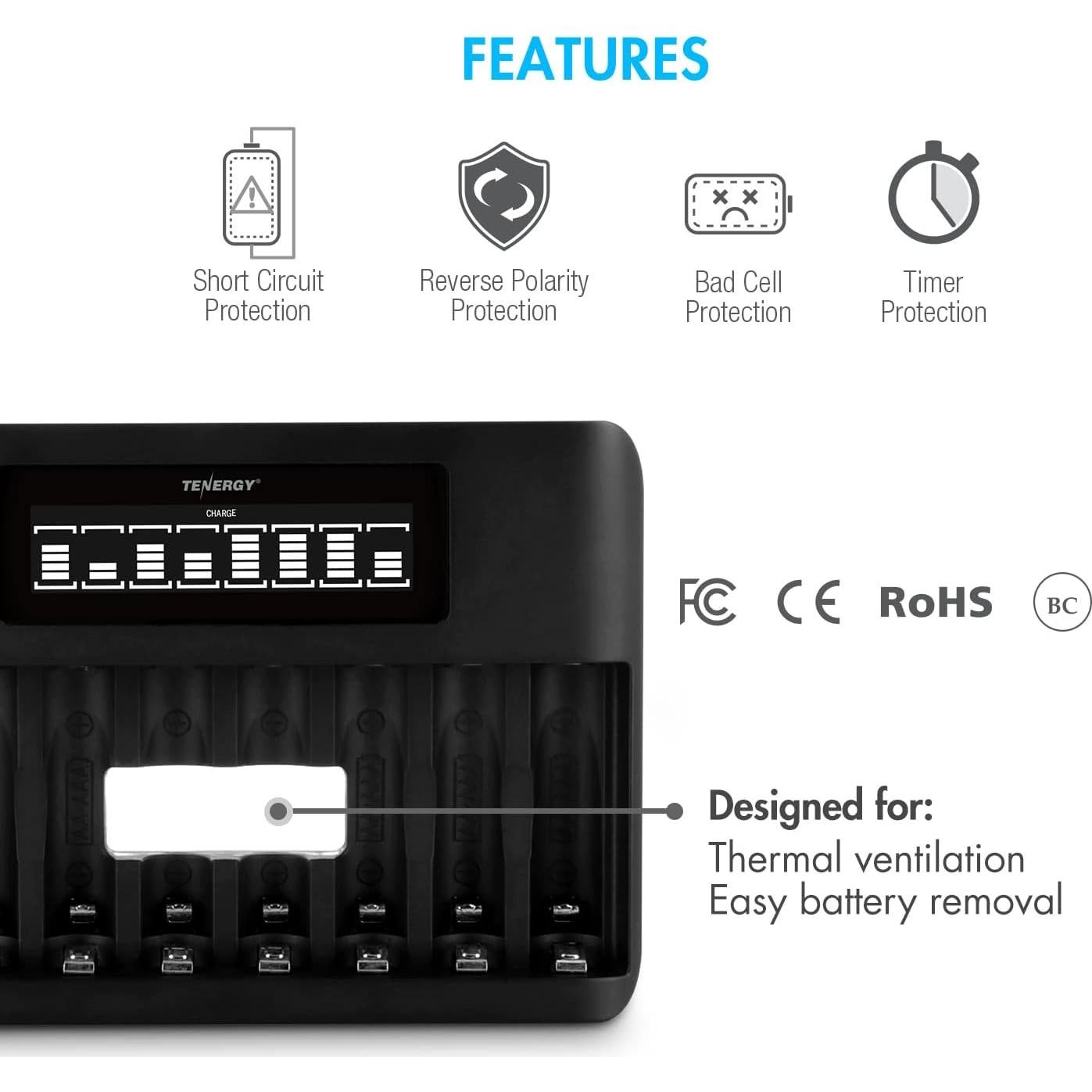 Cargador Rápido Tenergy TN480U con 4 Baterías AA 2500mAh y AAA 1000mAh