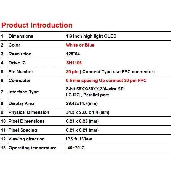 Pantalla OLED 1.3" JESSINIE 128x64 I2C SPI para Proyectos DIY