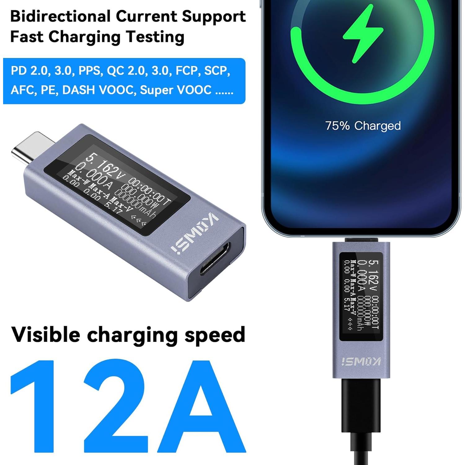 Medidor de Potencia Digital KOWSI KWS-2301C Type-C 4-30V 0-12A