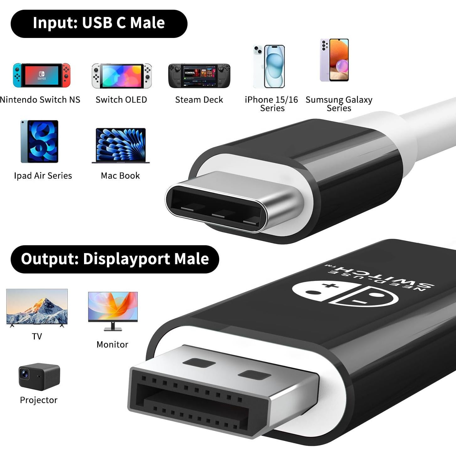 Cable USB C a DisplayPort Boreguse 8K 2m 100W para Switch