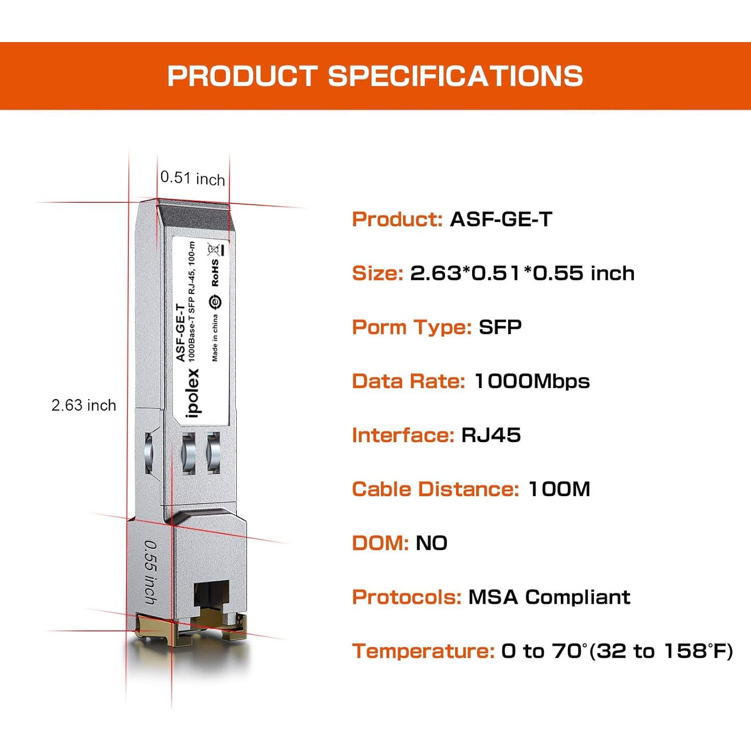 Transceptor SFP a RJ45 ipolex 1000Base-T 10 unidades 100m