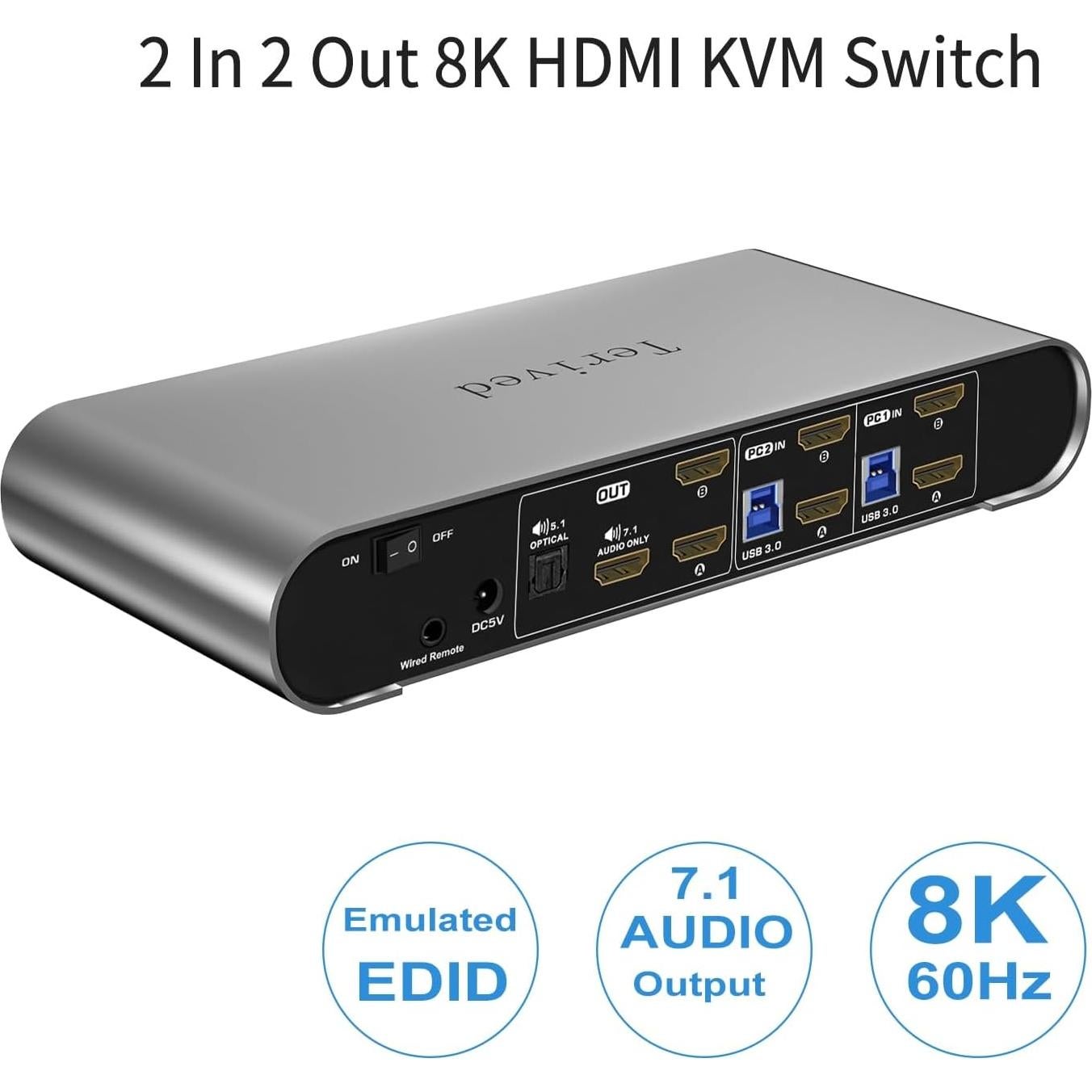 Interruptor KVM Terived 2 PCs 2 Monitores HDMI 8K 60Hz