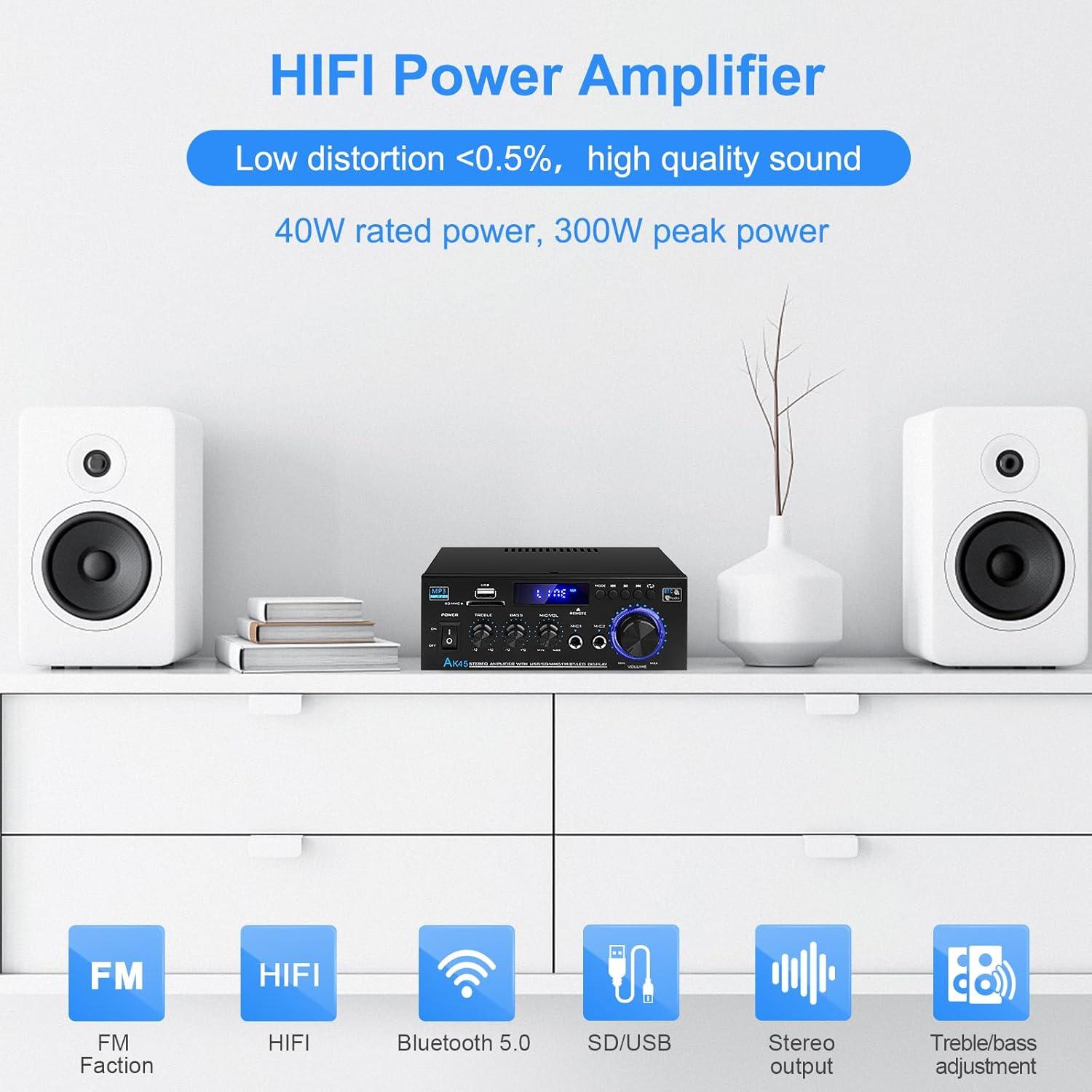 Amplificador de Audio AK45 Bluetooth 5.0 40W x 2 HiFi Estéreo