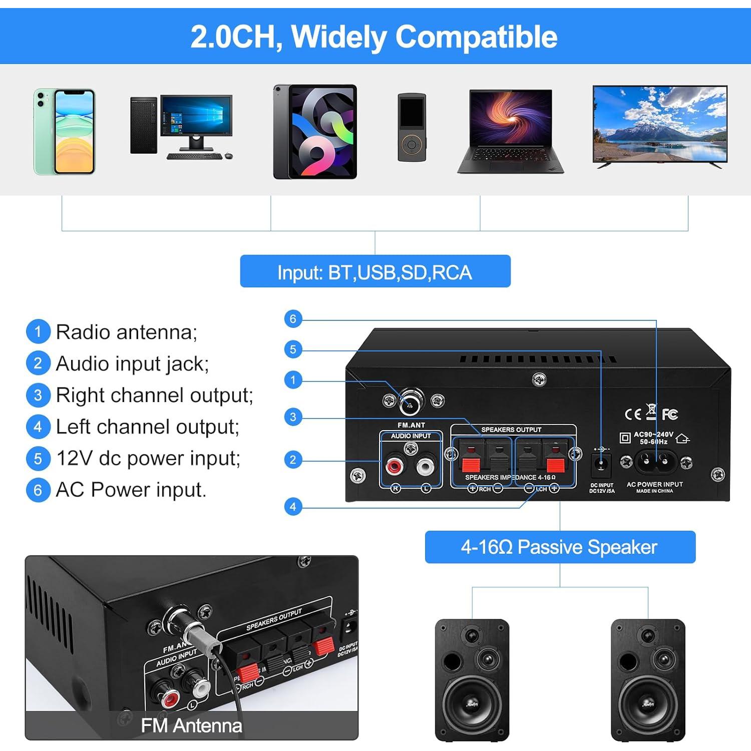 Amplificador de Audio AK45 Bluetooth 5.0 40W x 2 HiFi Estéreo