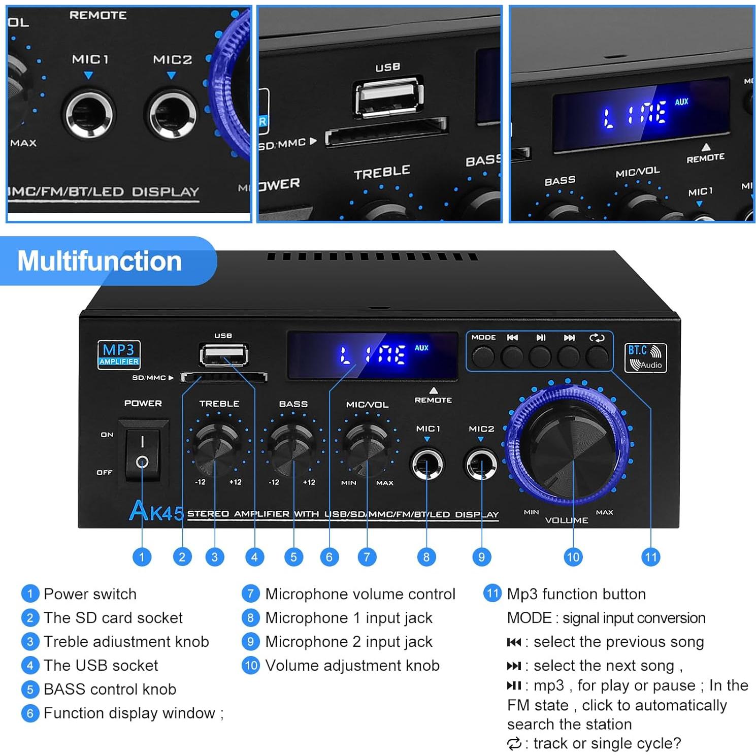 Amplificador de Audio AK45 Bluetooth 5.0 40W x 2 HiFi Estéreo