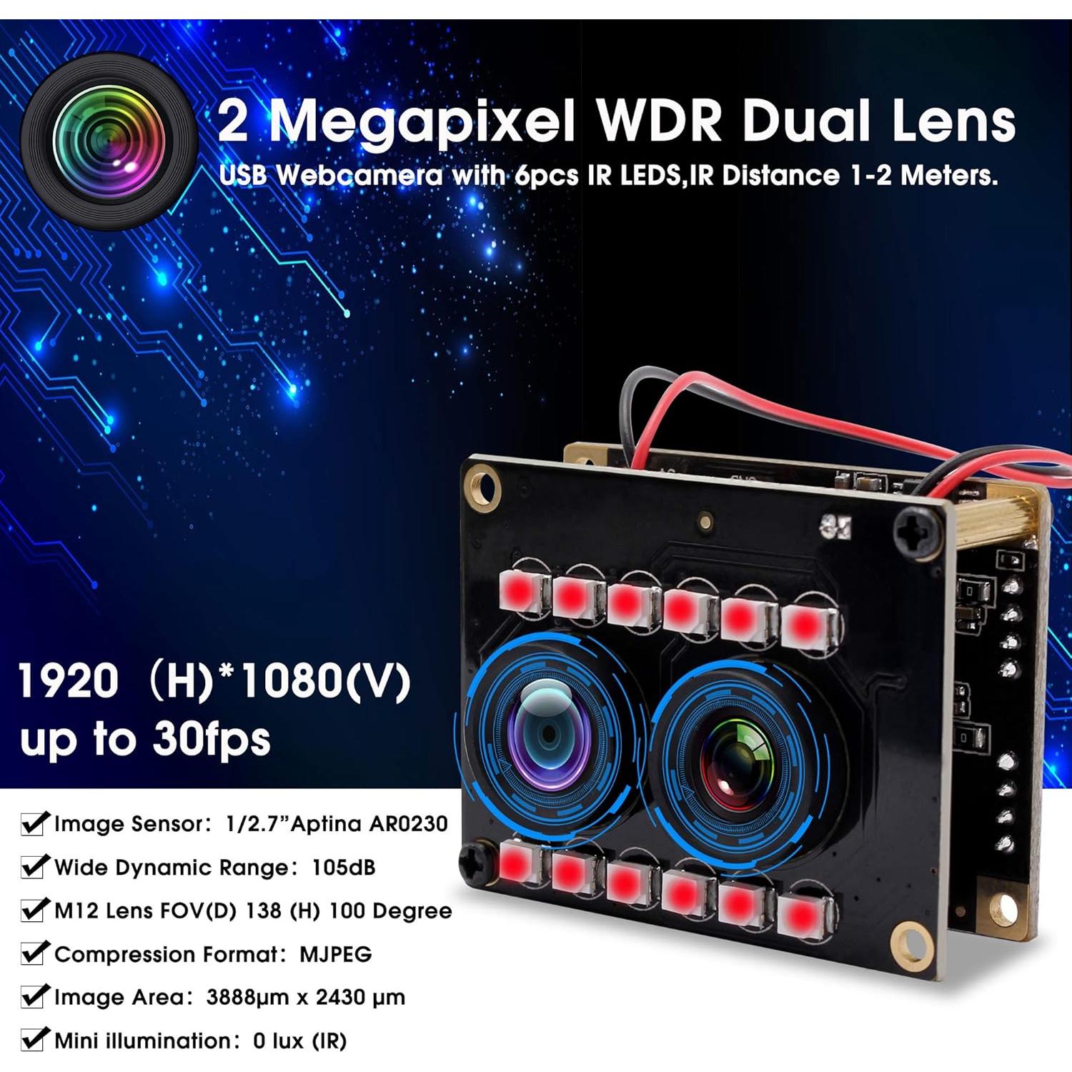 Cámara USB Estéreo 3D Hotpet 1080P Doble Lente IR 2MP