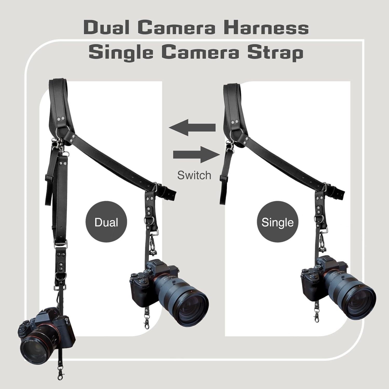 Correa de cámara de cuero ajustable 4J LEDR para 1 o 2 DSLR