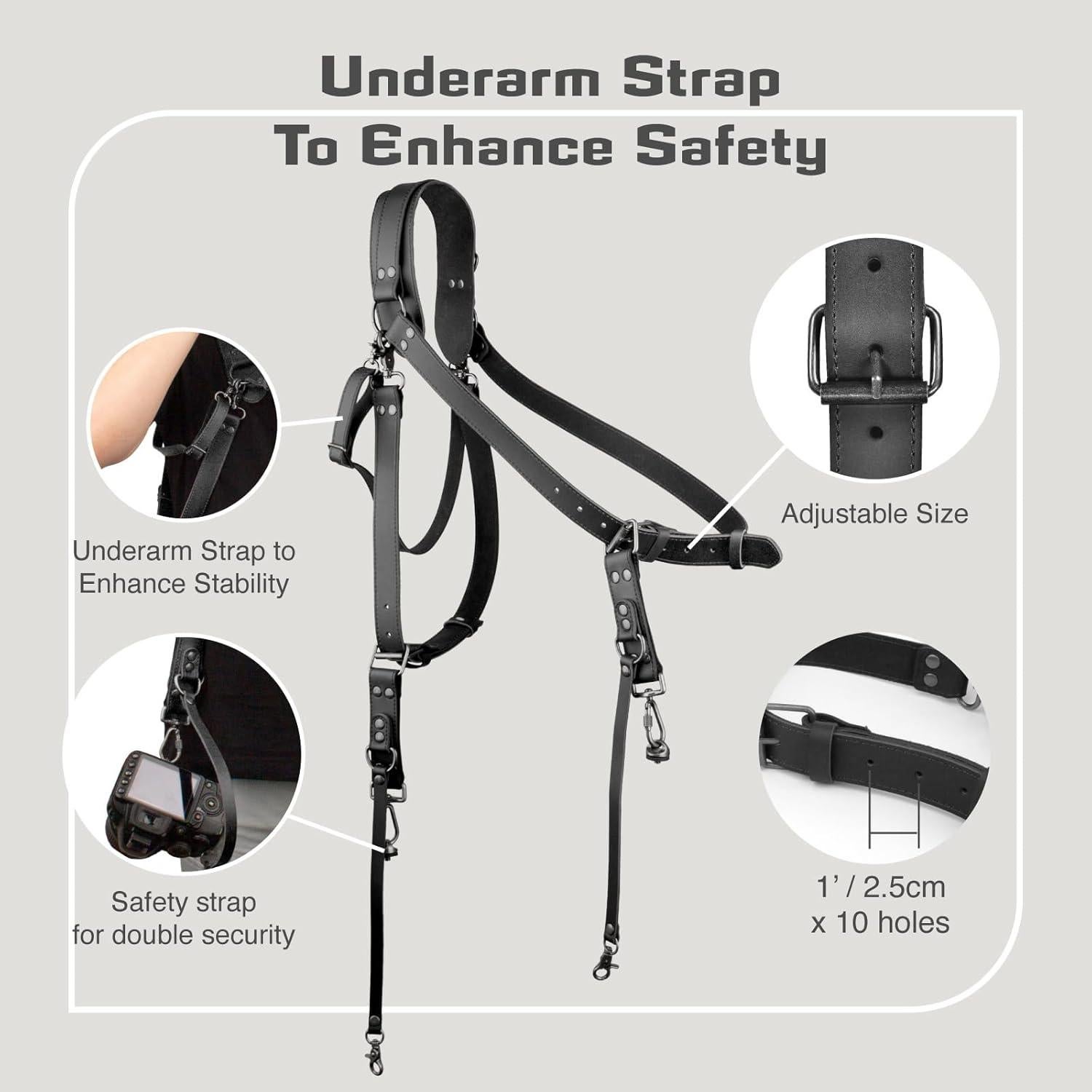 Correa de cámara de cuero ajustable 4J LEDR para 1 o 2 DSLR