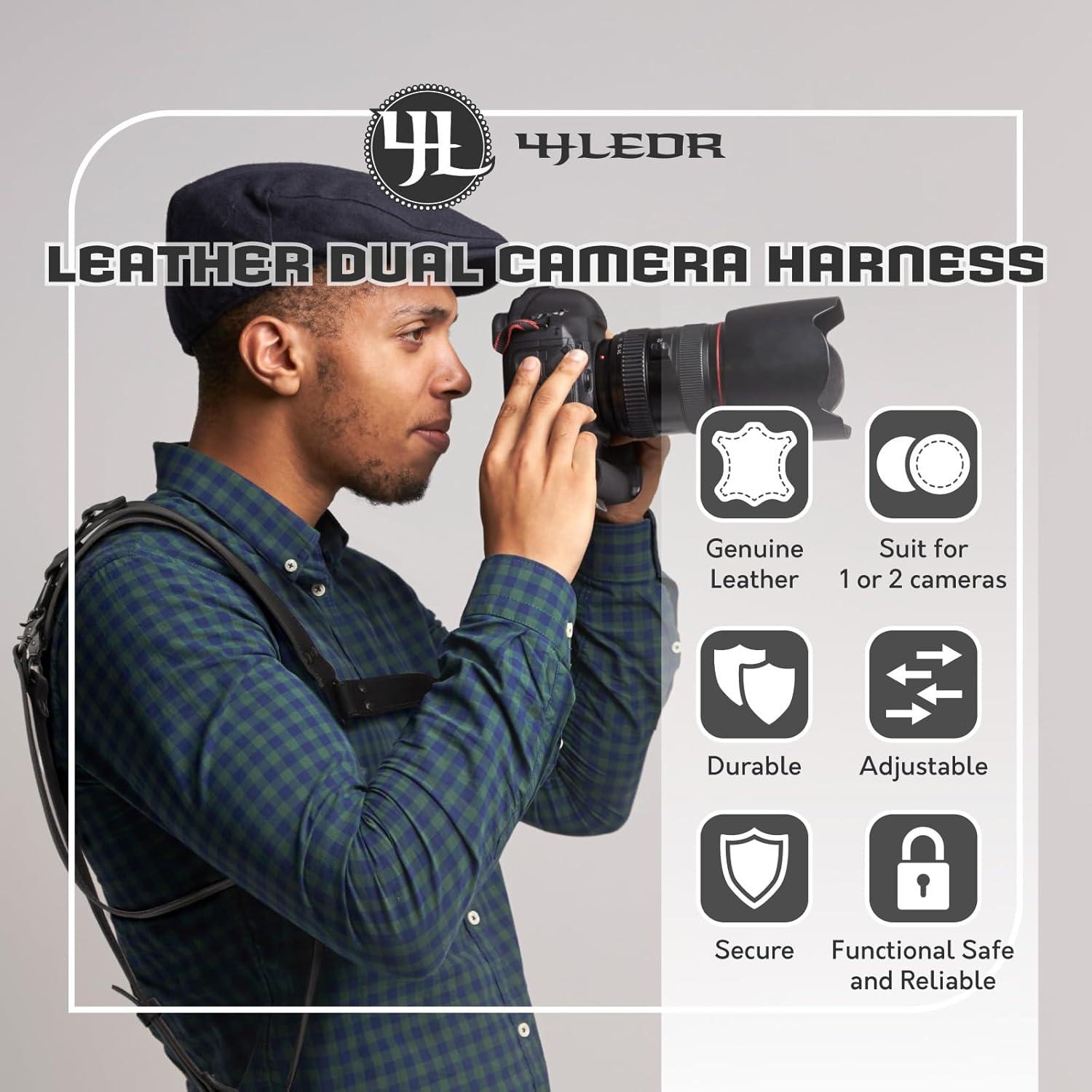 Correa de cámara de cuero ajustable 4J LEDR para 1 o 2 DSLR