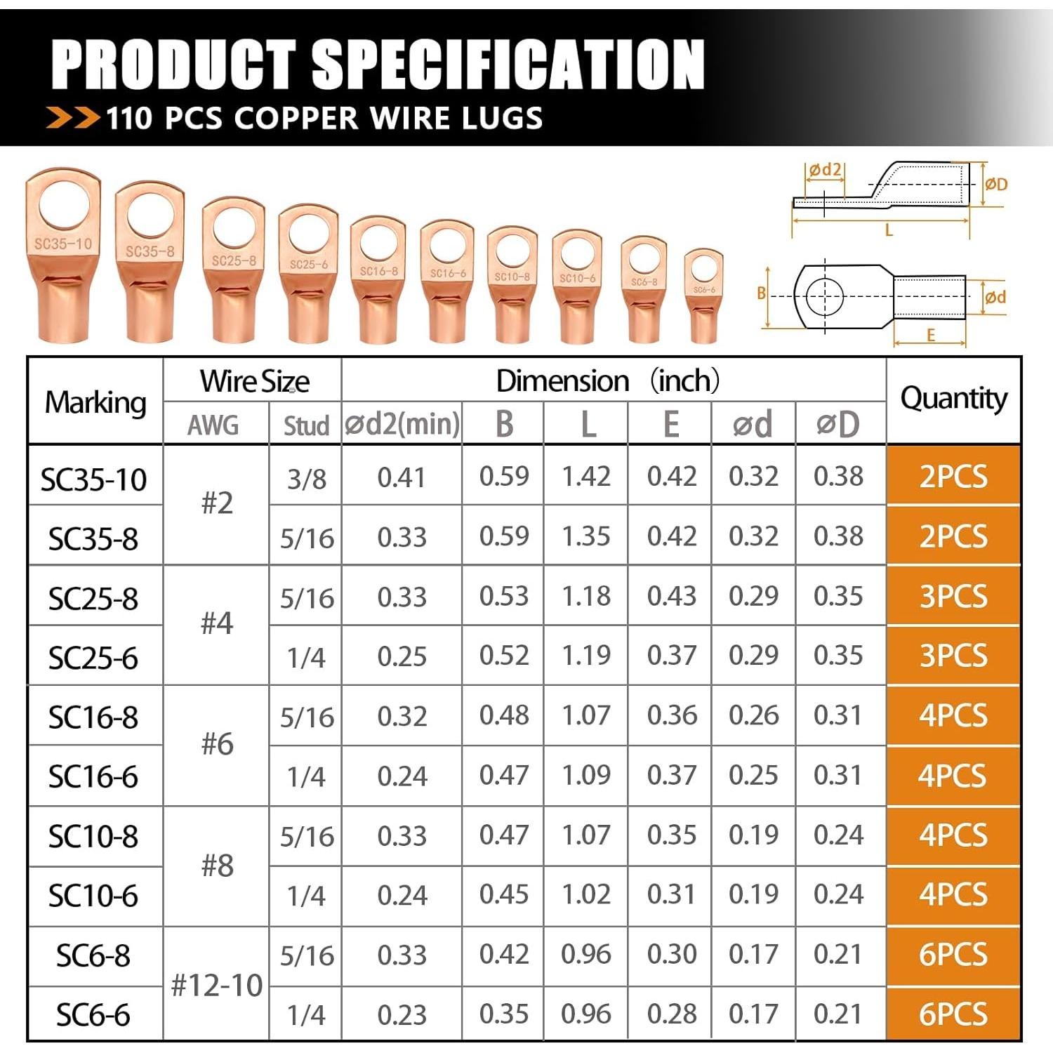 Kit 110 Terminales de Cable de Cobre Mankk AWG 2-16 con Tubos