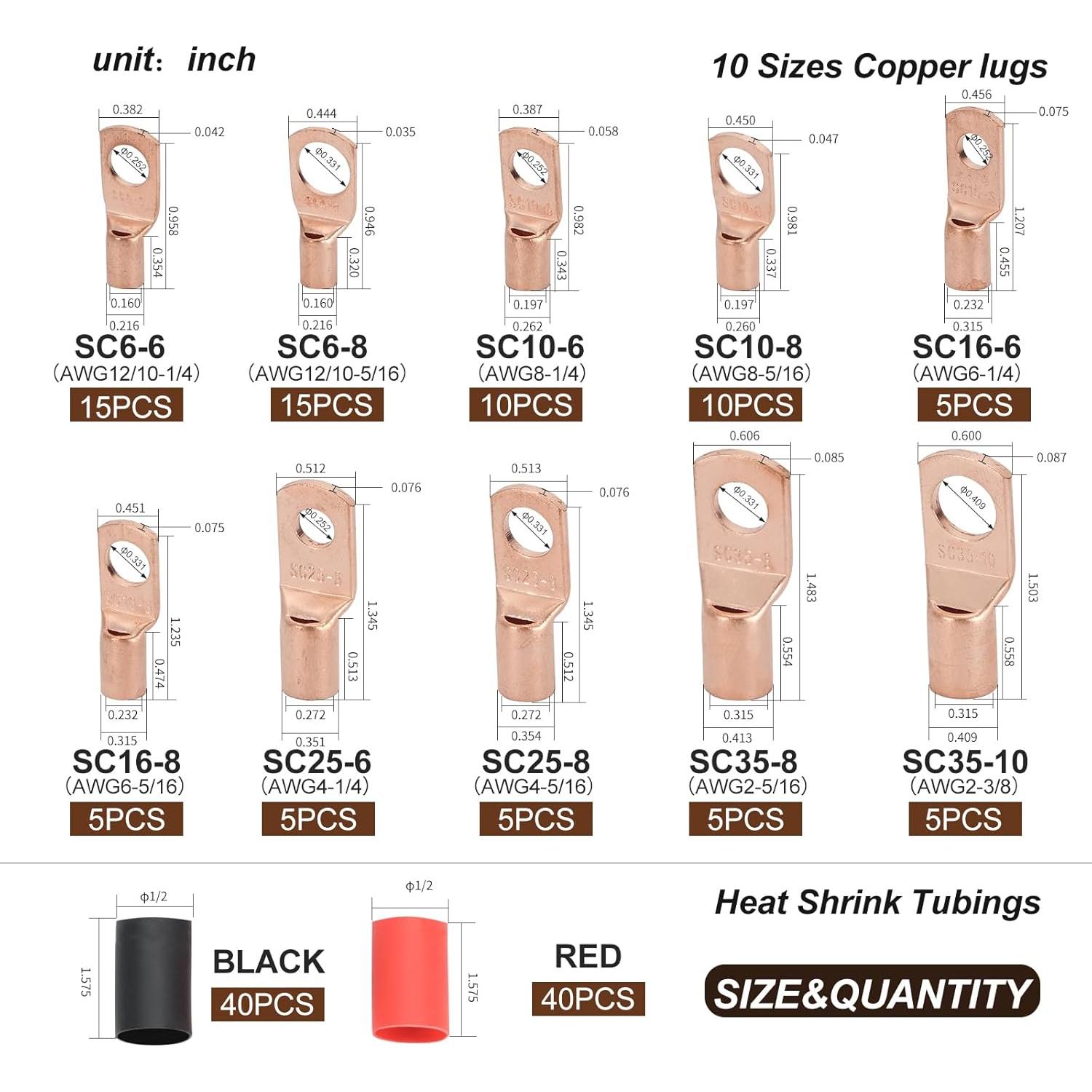 Terminales de Cobre Engrosados DTLDZSC 160 Pcs AWG 2-12