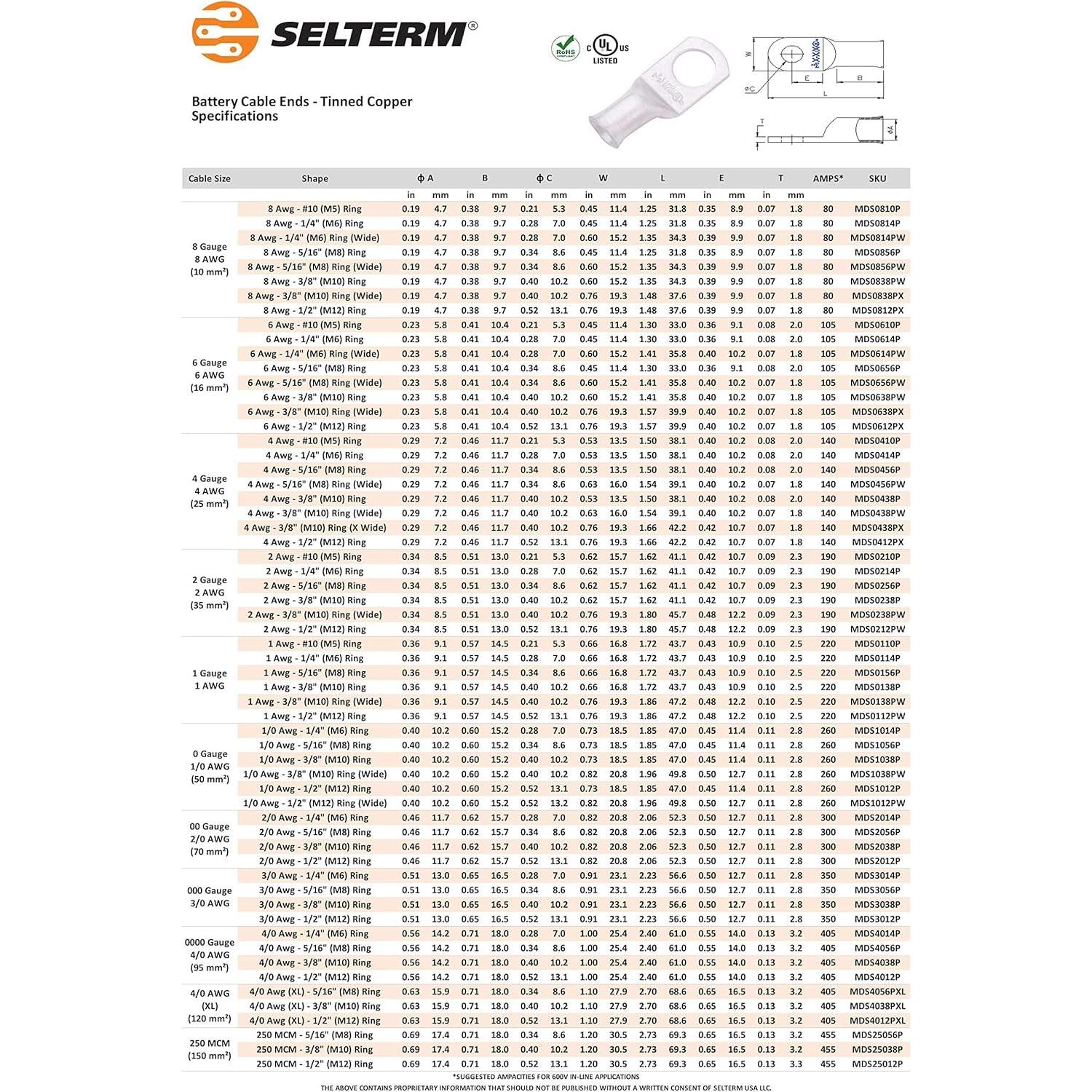 Conectores de Terminal de Batería SELTERM 8 AWG Cobre Estañado 2 Pcs