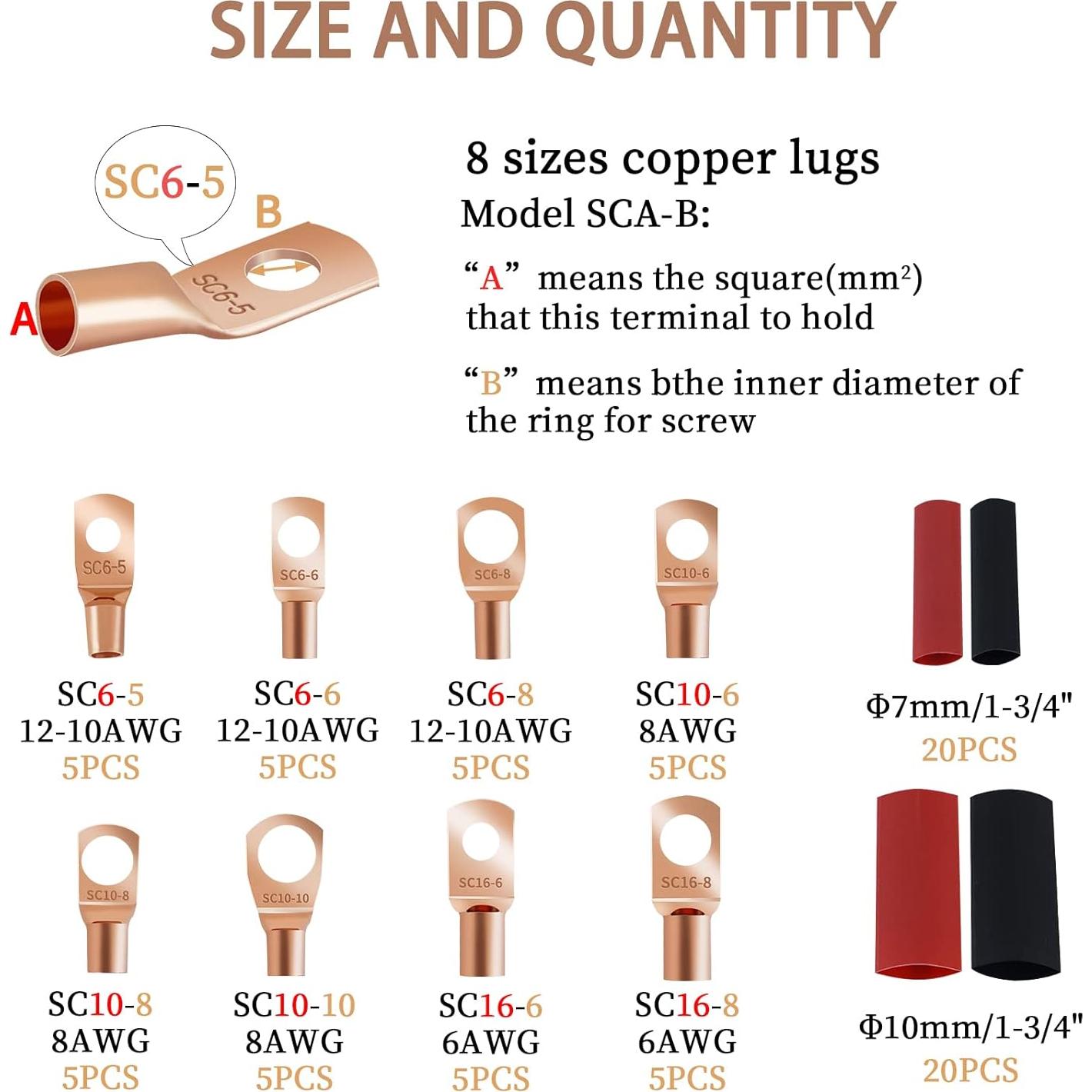 Kit 80 Pcs Conectores de Terminales de Cobre Dizzily AWG 8 6 12/10