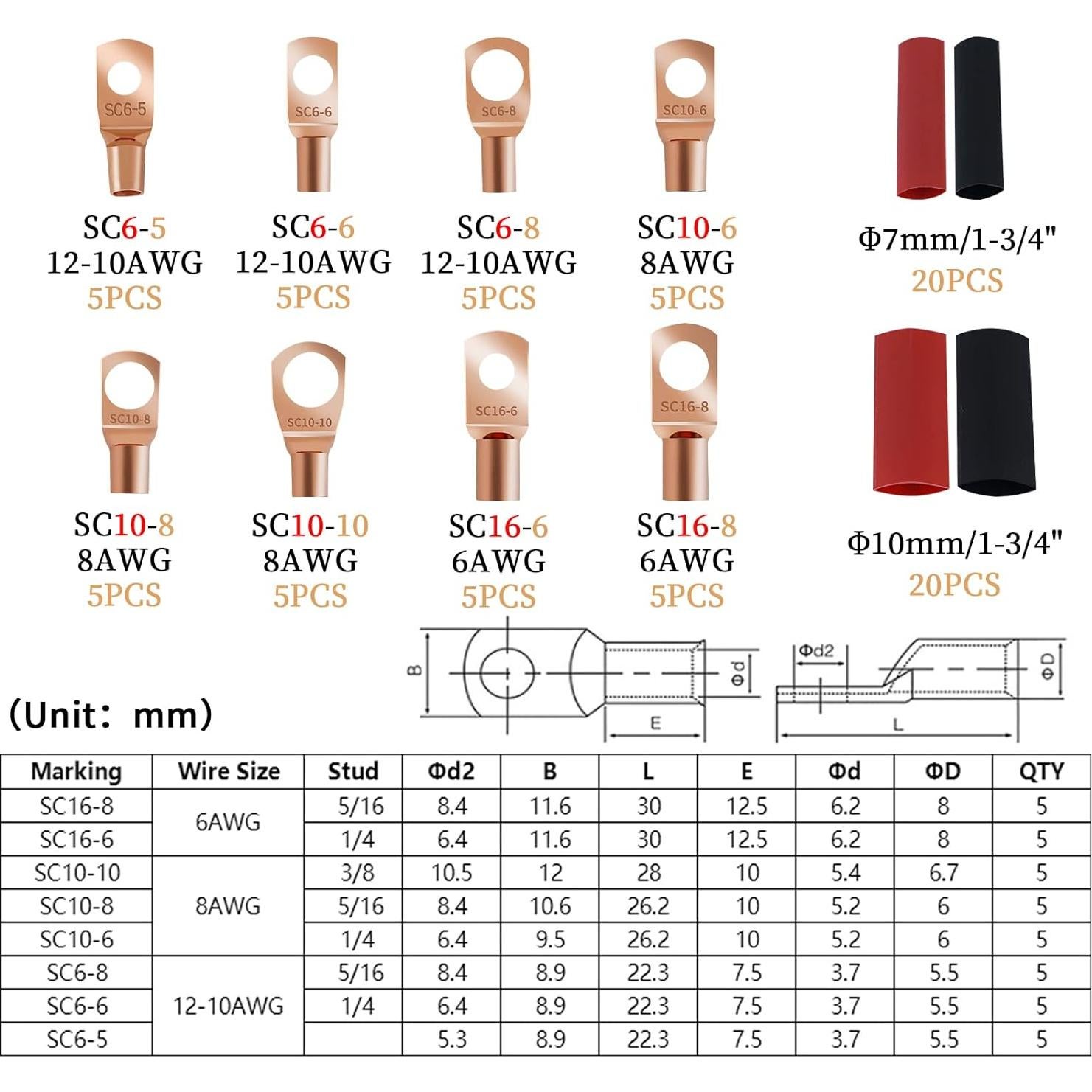 Kit 80 Pcs Conectores de Terminales de Cobre Dizzily AWG 8 6 12/10
