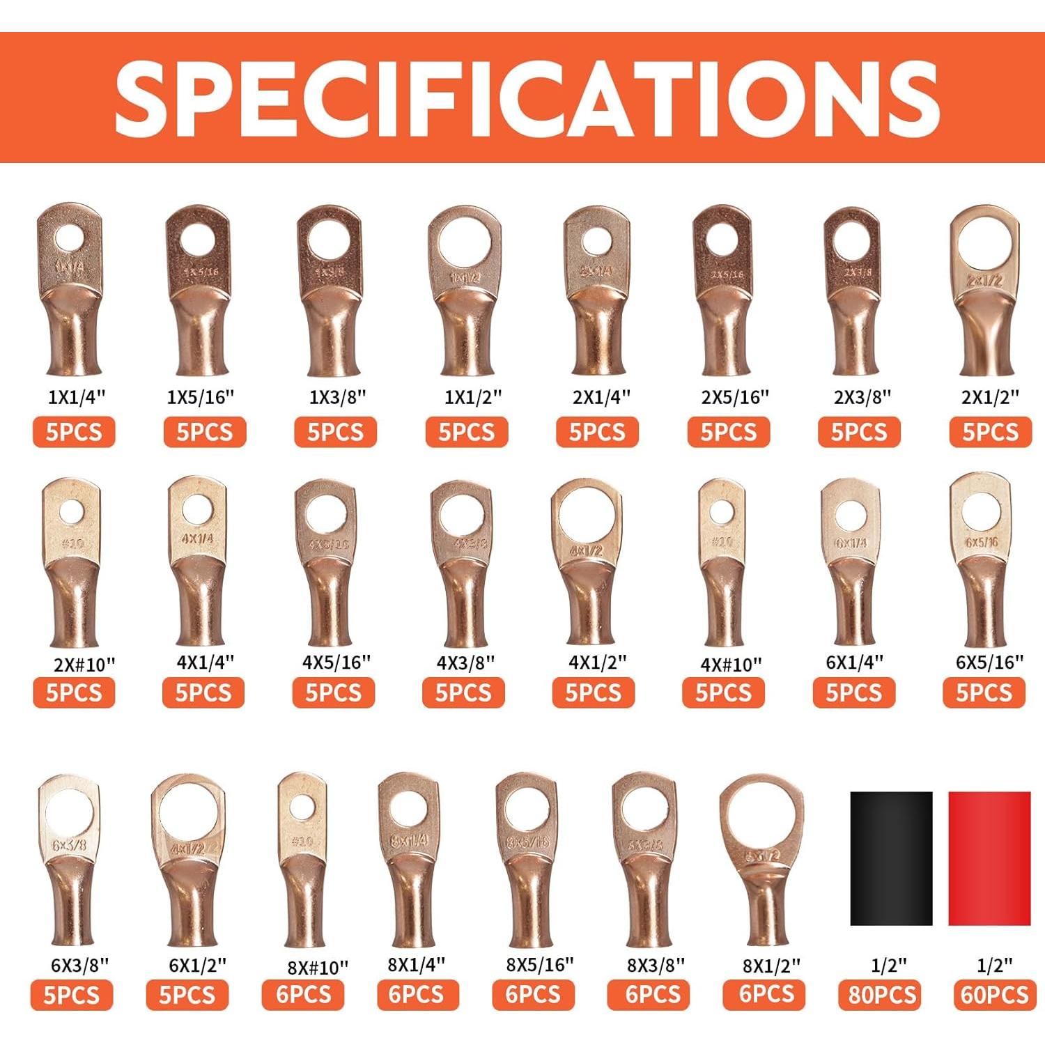 Kit de Conectores de Batería Amliber 260PCS con Lugs de Cobre