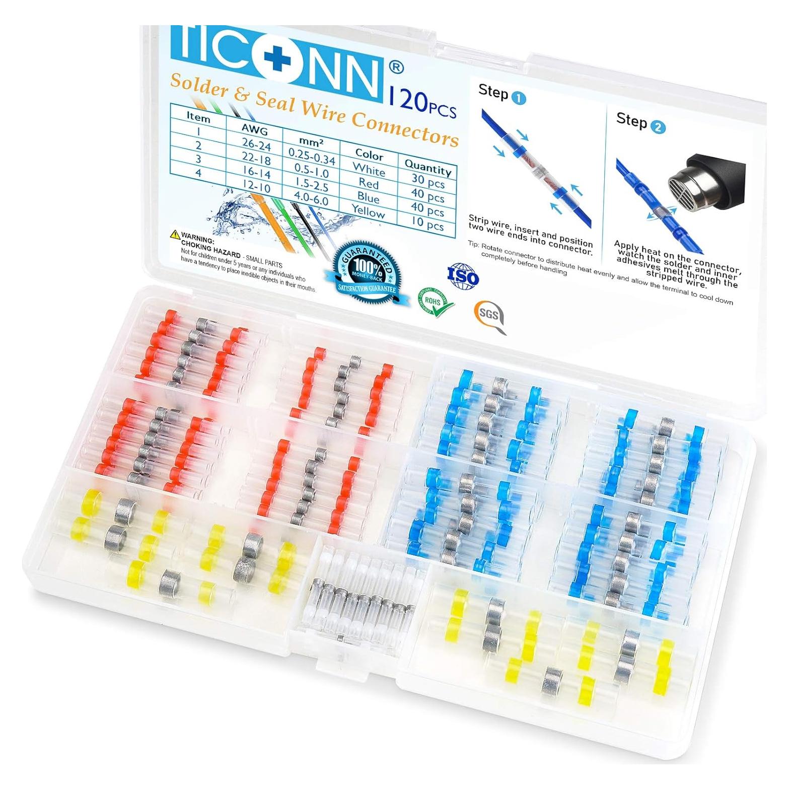 Conectores de Cable TICONN 120 Pcs Termoretráctiles Impermeables