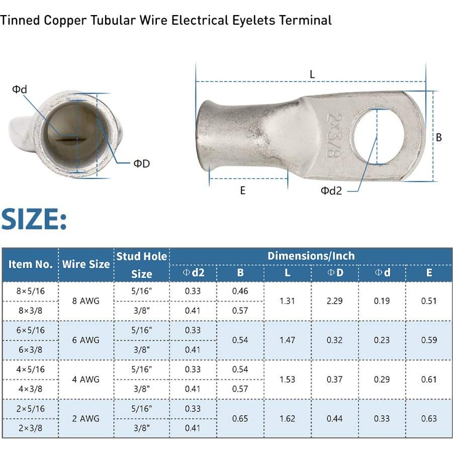 12 Conectores de Terminal de Anillo de Cobre 6 AWG con Tubo Termocontraíble