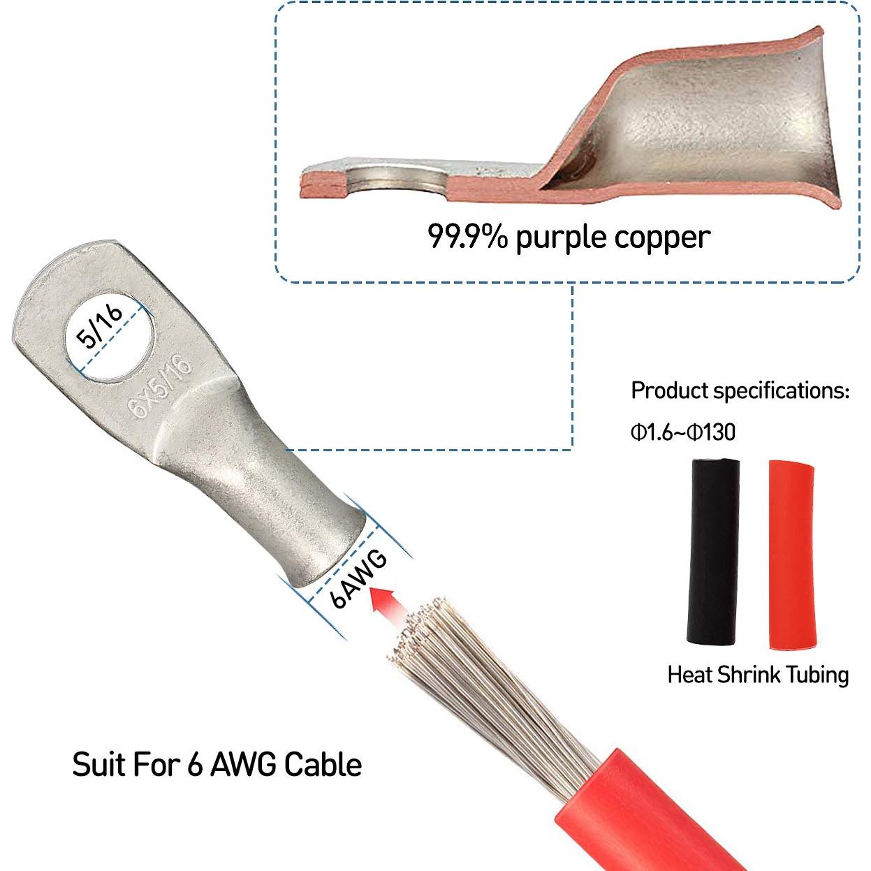 12 Conectores de Terminal de Anillo de Cobre 6 AWG con Tubo Termocontraíble